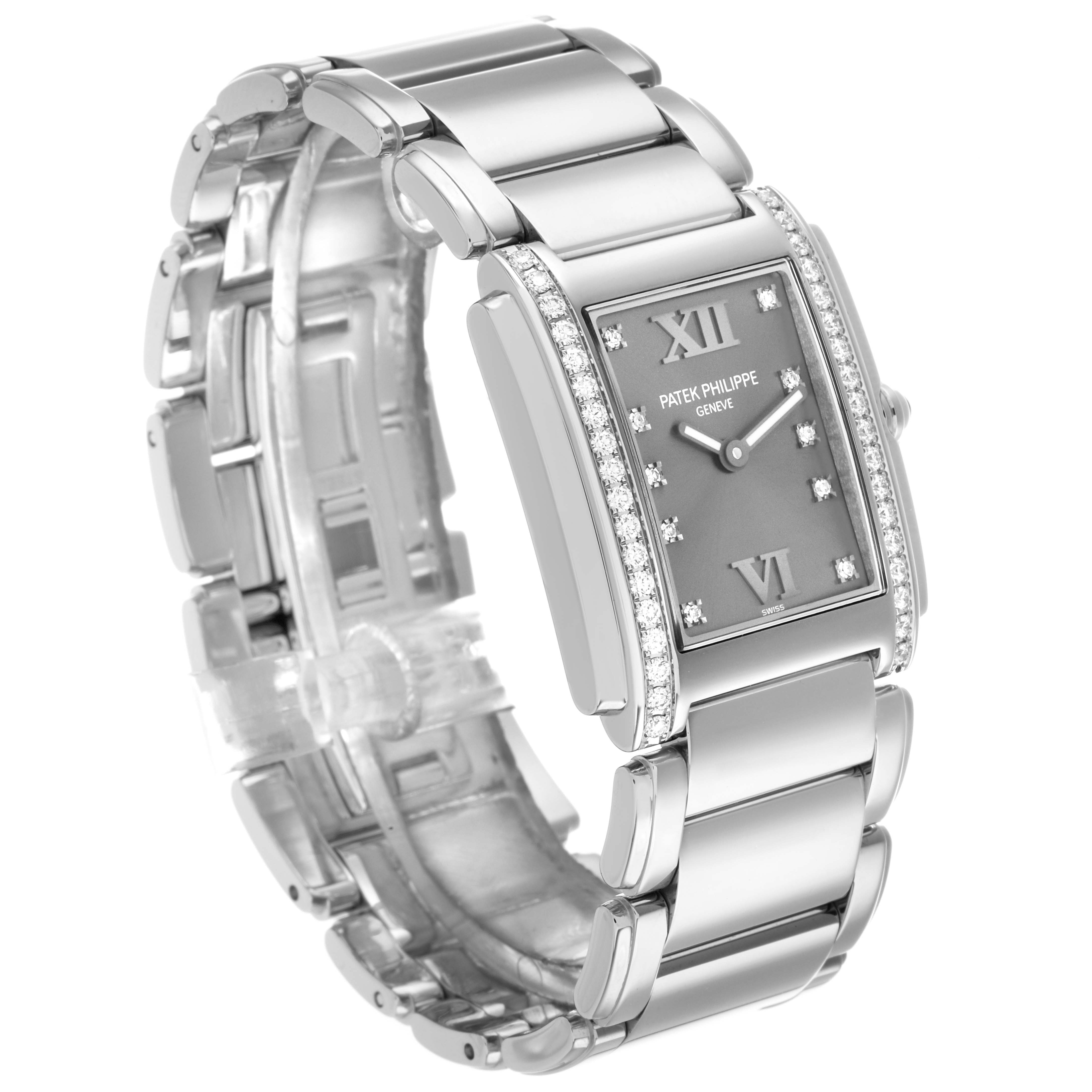 The Patek Philippe Twenty-4 4910/10A-010 Women's Stainless Steel Silver Dial watch is shown at a side angle, highlighting its rectangular face, diamond bezel, and metal bracelet.