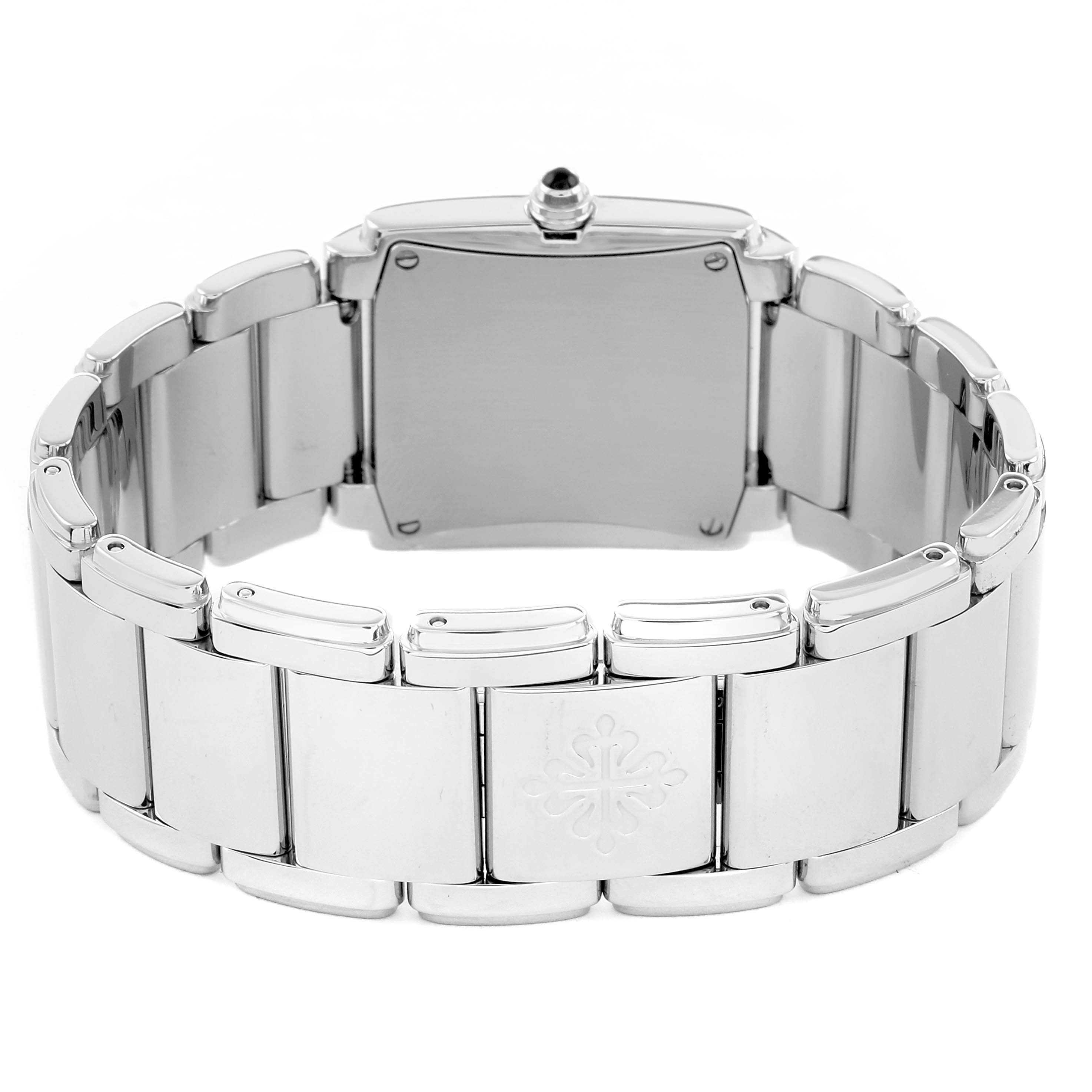 The image shows the back of the Patek Philippe Twenty-4 4910/10A-010 Women's Stainless Steel Silver Dial watch, highlighting its bracelet and clasp.
