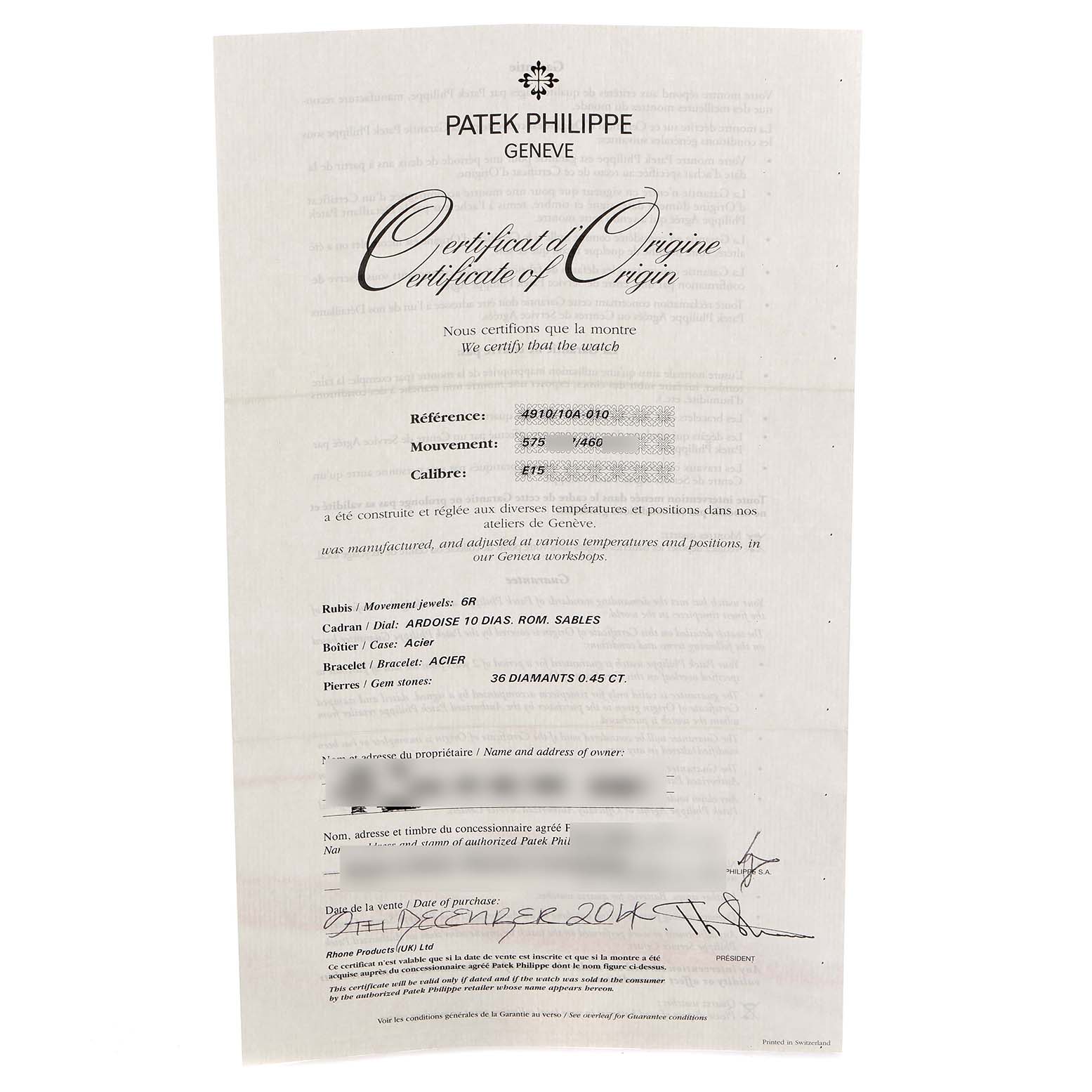 The image shows a Patek Philippe Certificate of Origin for the Twenty-4 model, viewed from above.