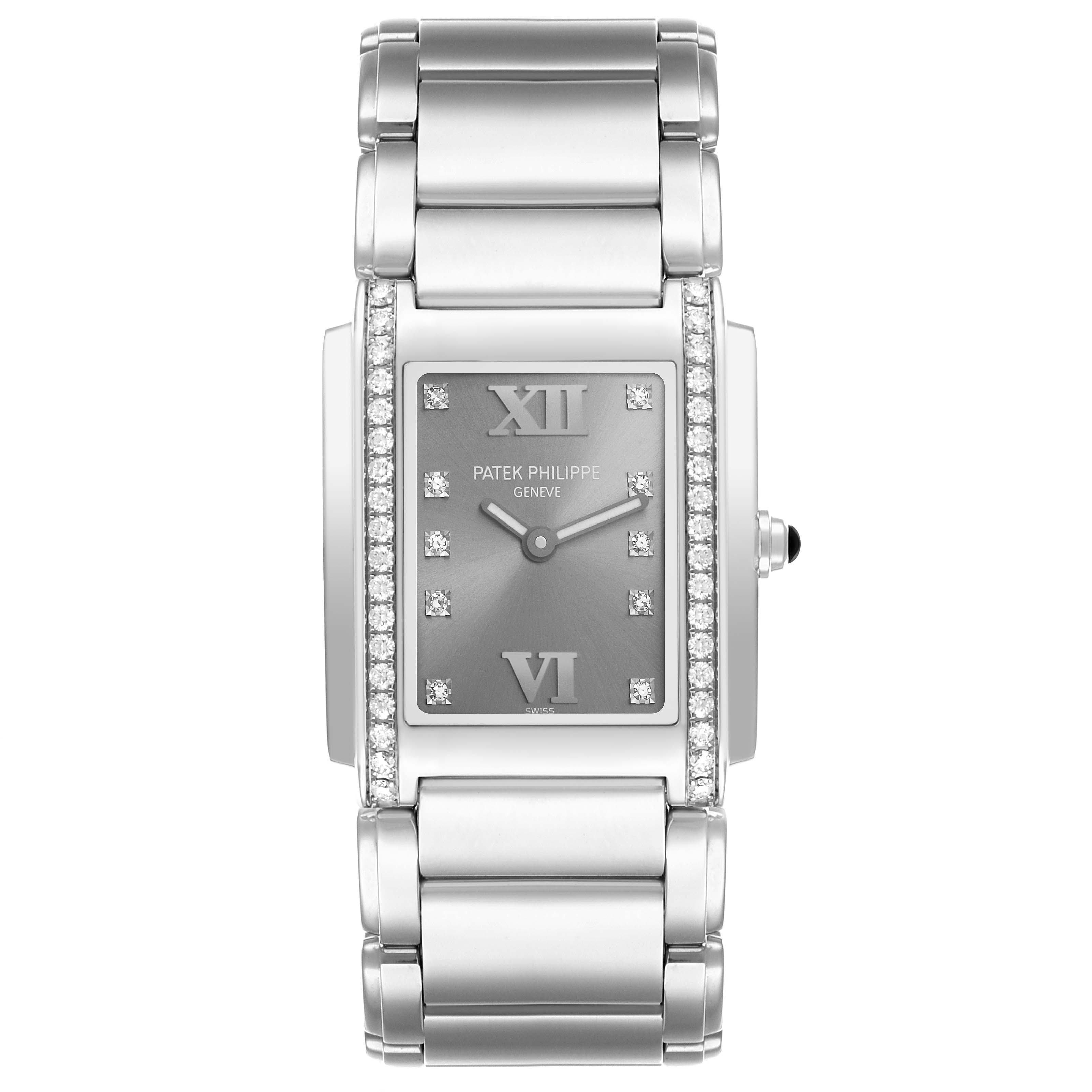 The Patek Philippe Twenty-4 4910/10A-010 Women's Stainless Steel Silver Dial watch is shown from a top-down angle, highlighting its face, rectangular case, and bracelet.