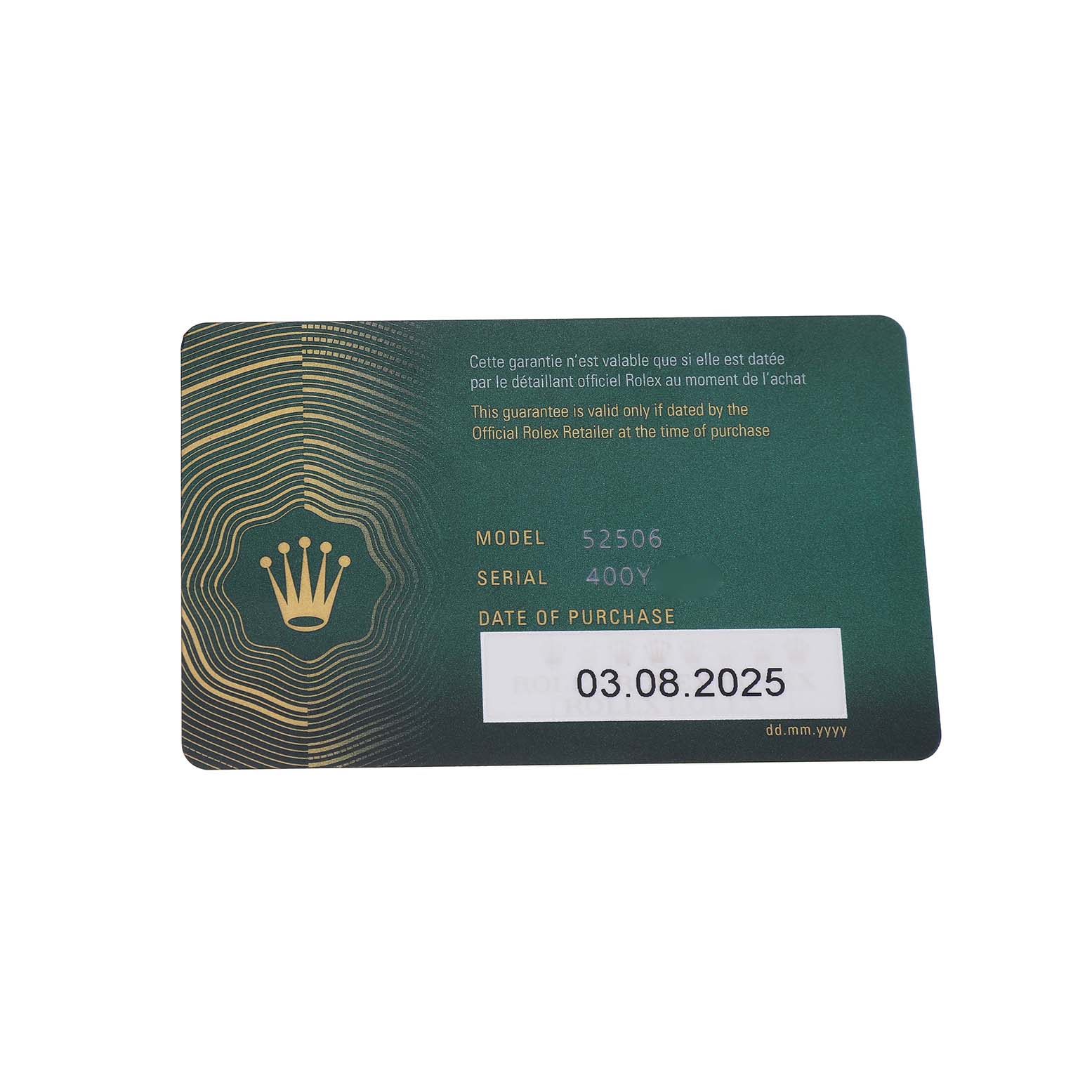 The image shows a warranty card featuring the Rolex logo for the 1908 model, displaying model, serial number, and purchase date.