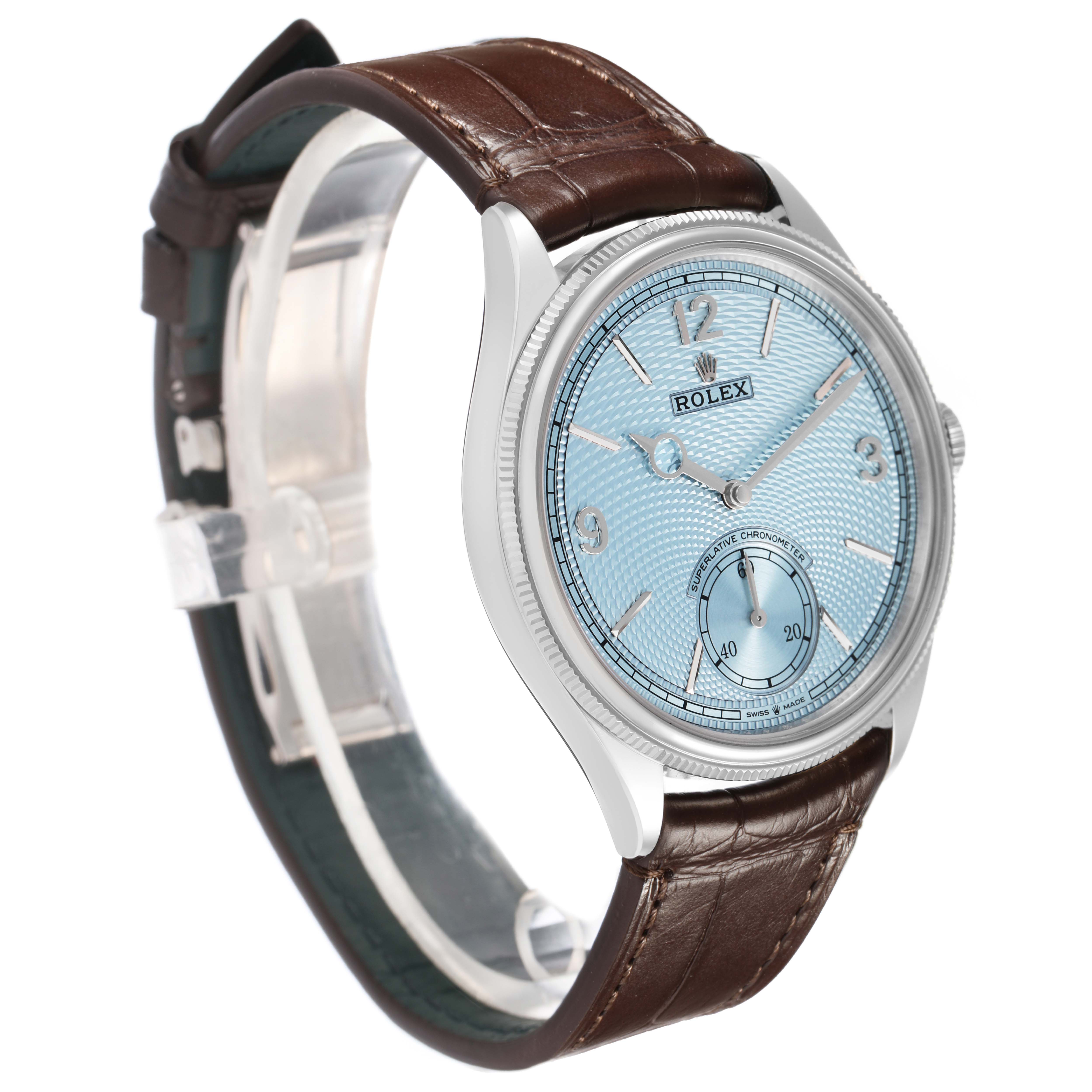 The Rolex 1908 52506 Men's Platinum Blue Dial model is shown at a three-quarter angle, highlighting the dial, case, and leather strap.