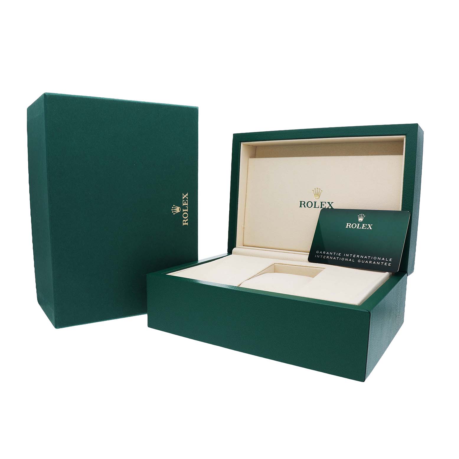 The image shows the packaging for a Rolex 1908 52506 Men's Platinum Blue Dial, including a green box, an open case, and a guarantee card.