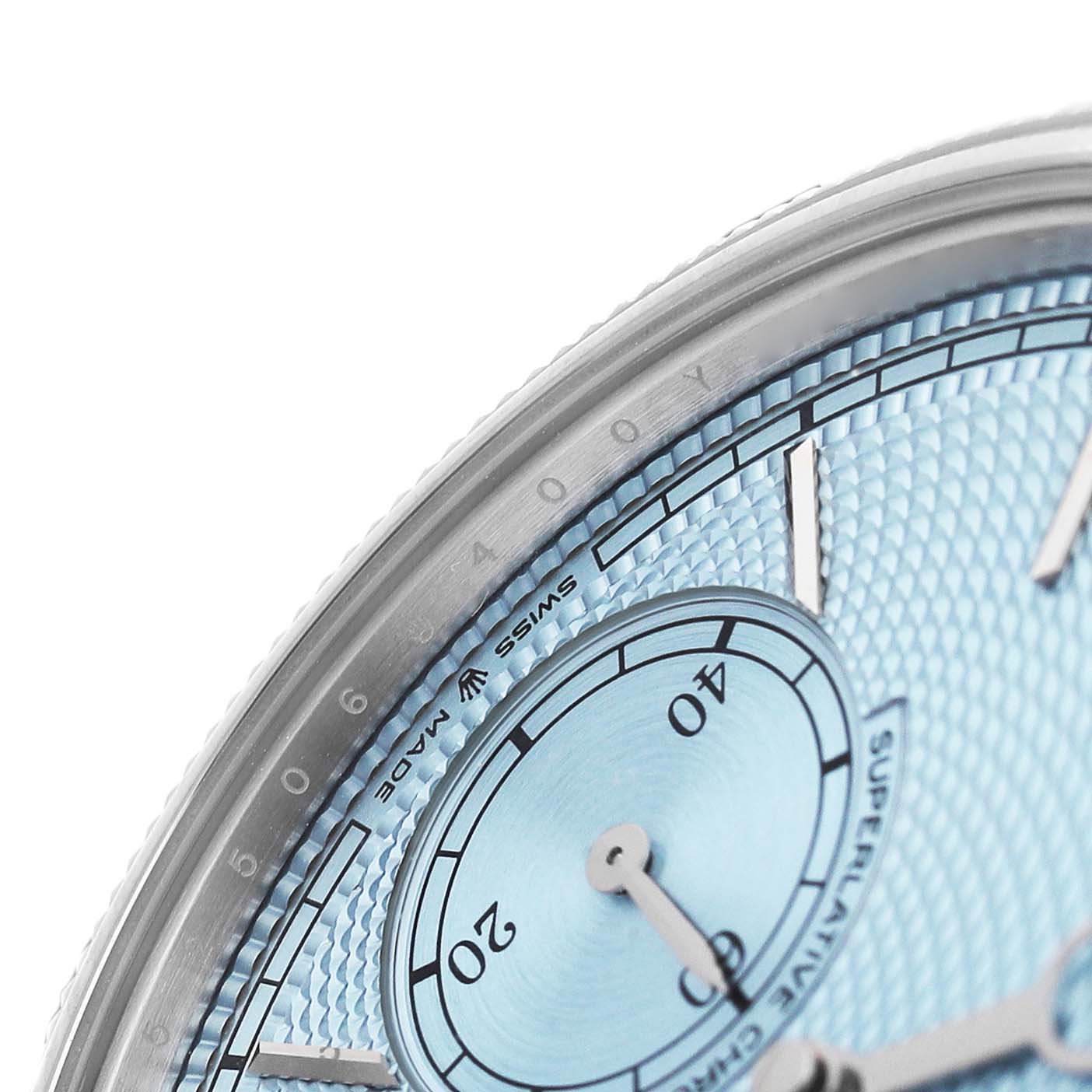 The image shows a close-up of the dial and bezel of the Rolex 1908 52506 Men's Platinum Blue Dial watch, featuring blue texture and markings.