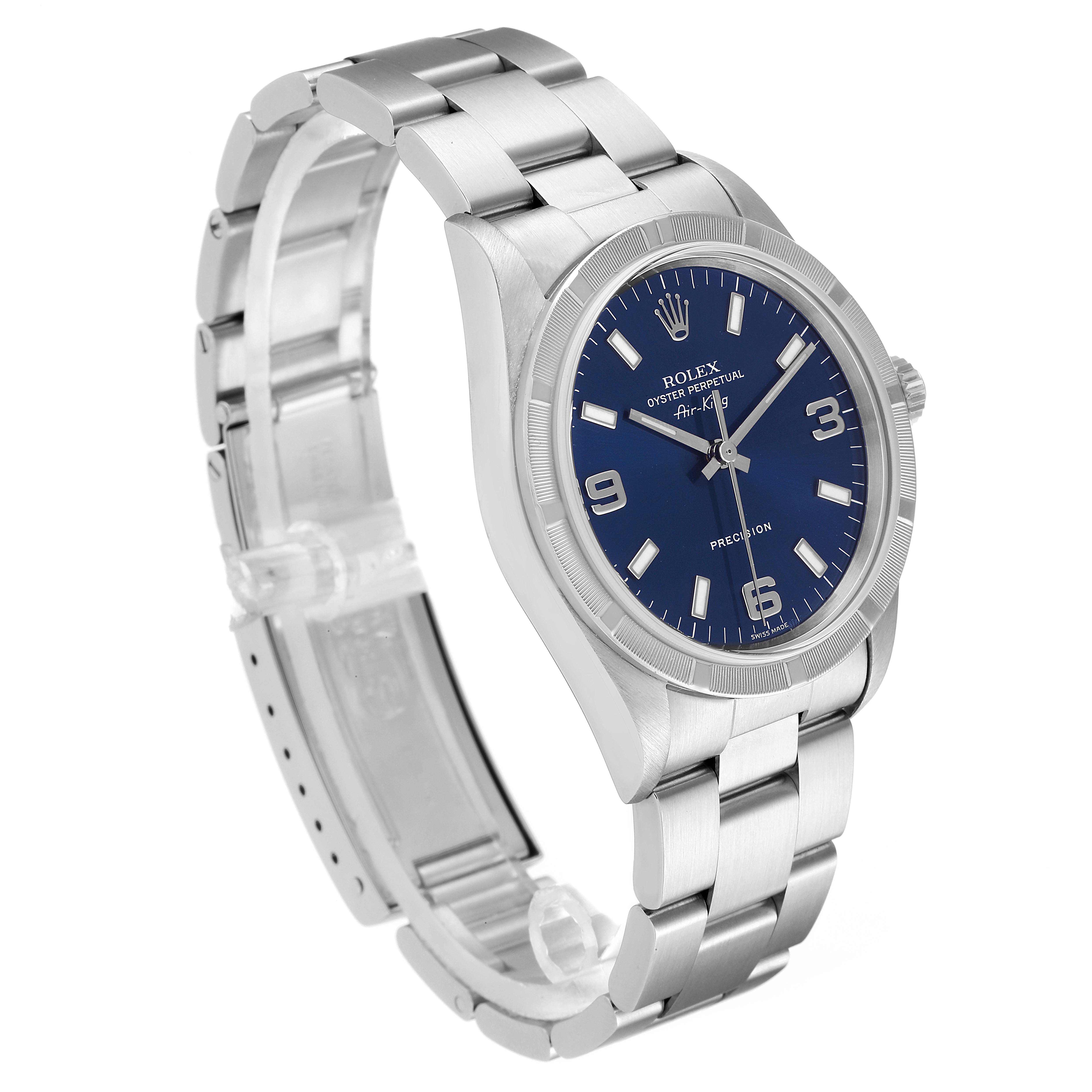 The Rolex Air-King 14010 Men's Stainless Steel Blue Dial 14010 Men's Stainless Steel Blue Dial watch is shown at a 3/4 angle, displaying the dial, bracelet, and clasp.
