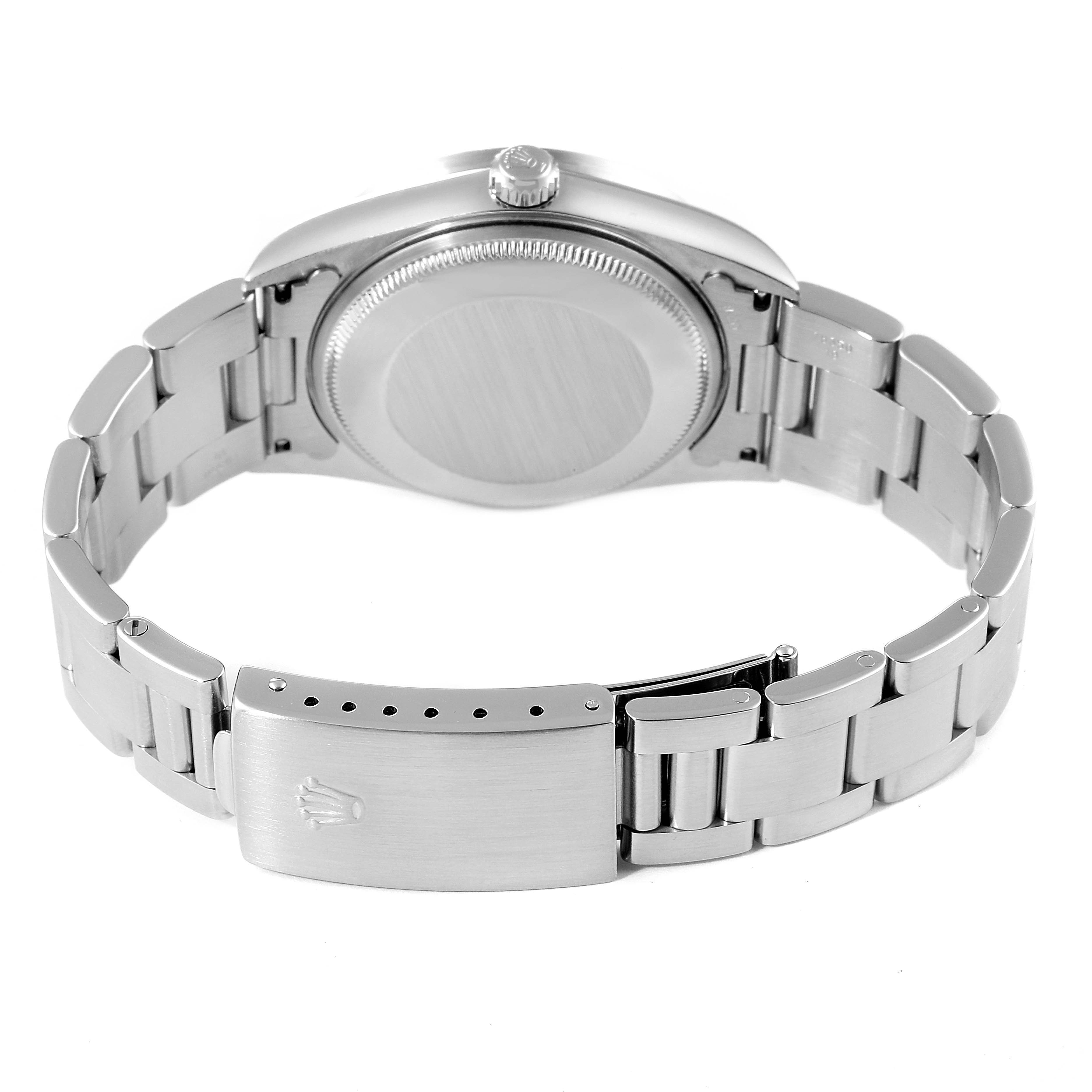 The image shows the rear view of the Rolex Air-King 14010 Men's Stainless Steel Blue Dial 14010 Men's Stainless Steel Blue Dial watch, highlighting the closed clasp and case back.