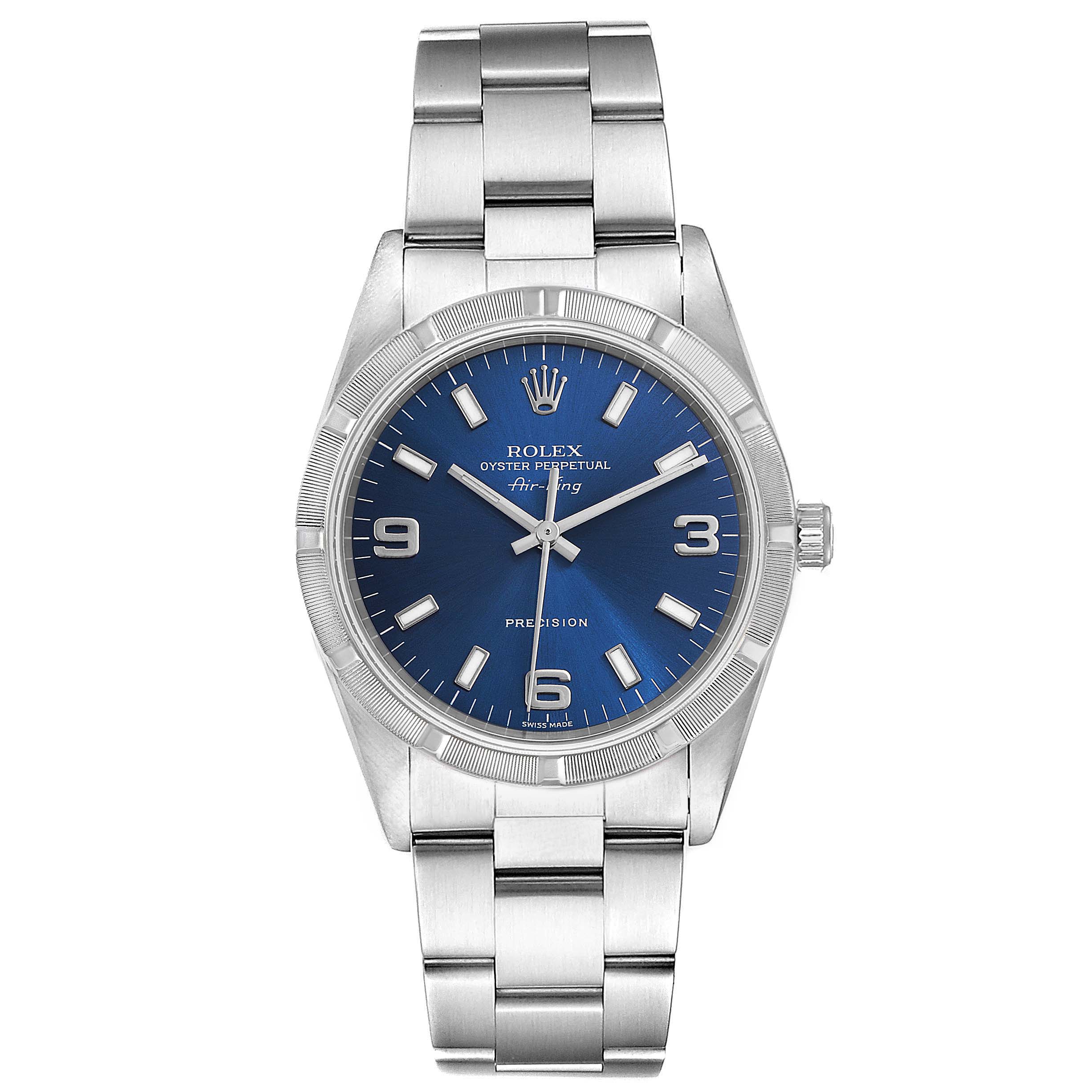 This image shows a front view of a Rolex Air-King 14010 Men's Stainless Steel Blue Dial 14010 Men's Stainless Steel Blue Dial watch featuring a blue dial and silver bracelet.