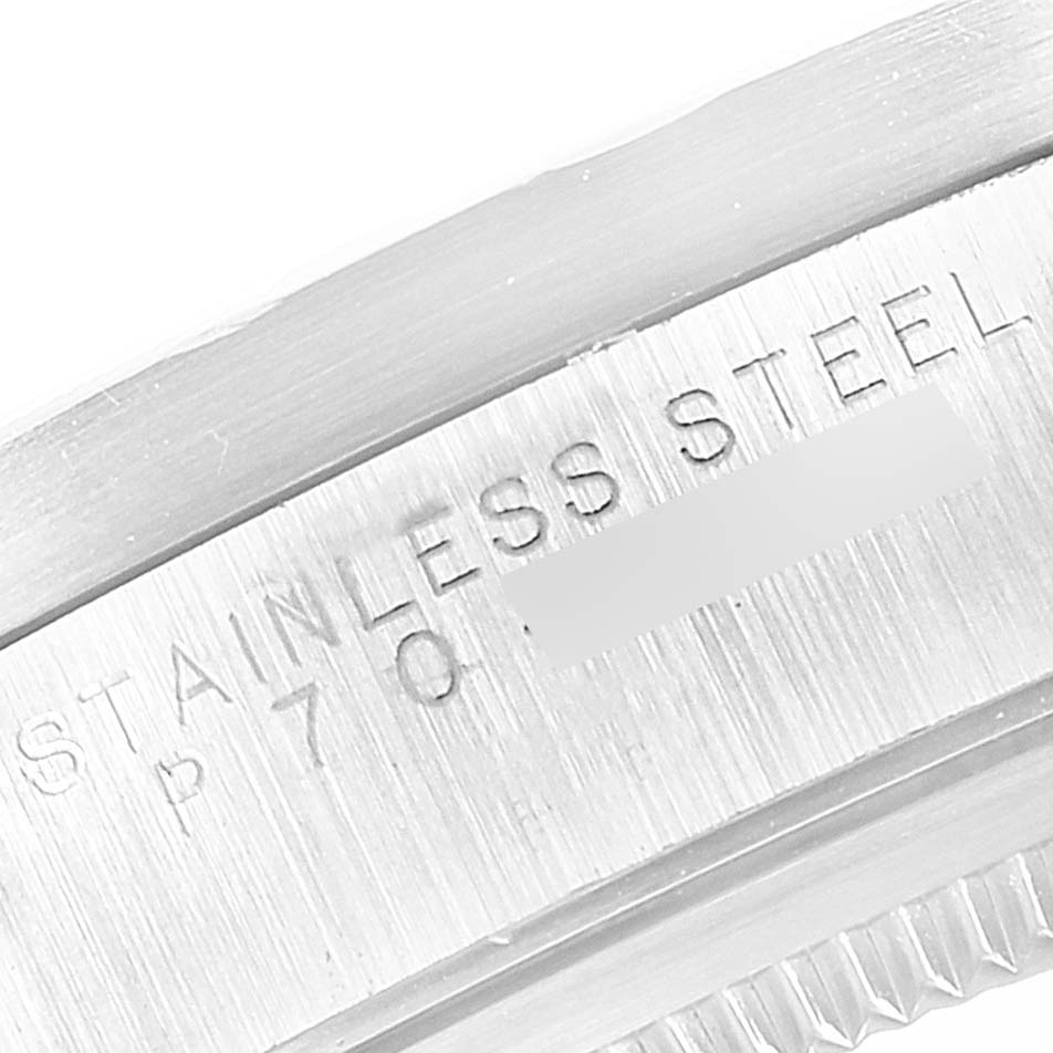 The image shows a close-up of the stainless steel back case of a Rolex Air-King 14010 Men's Stainless Steel Blue Dial 14010 Men's Stainless Steel Blue Dial watch.