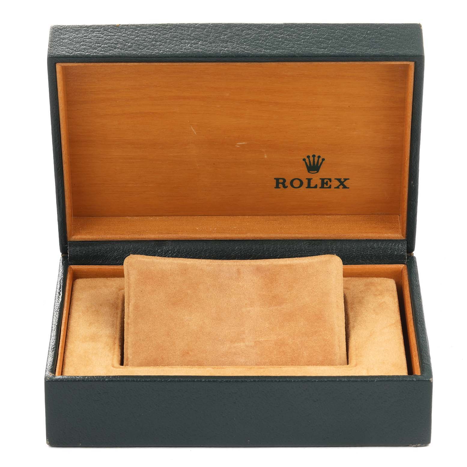 A Rolex Air-King 14010 Men's Stainless Steel Blue Dial 14010 Men's Stainless Steel Blue Dial watch box with the lid open, showing the inner cushion and wooden interior.
