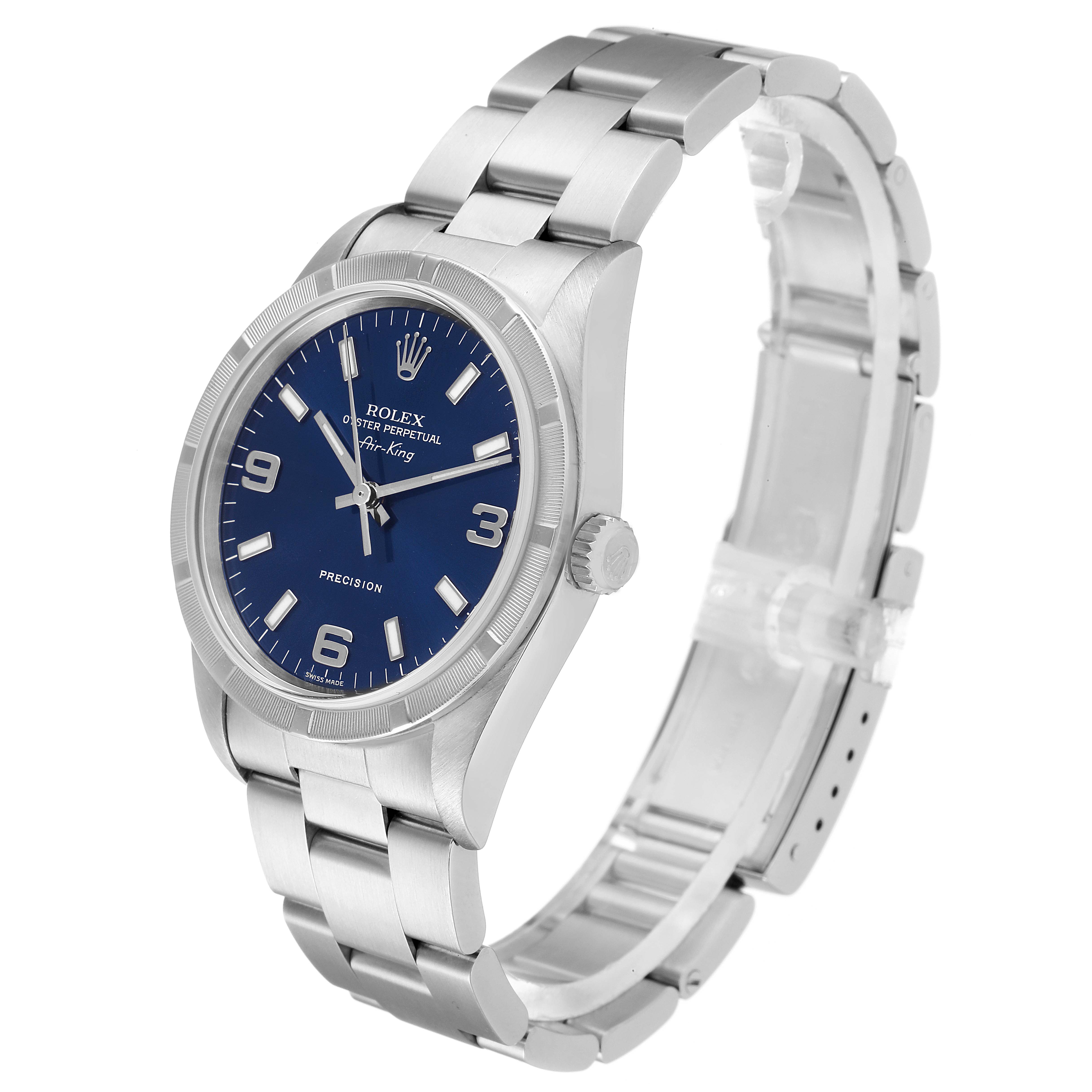 The Rolex Air-King 14010 Men's Stainless Steel Blue Dial 14010 Men's Stainless Steel Blue Dial watch is shown at a slight angle displaying its face, bracelet, and crown.