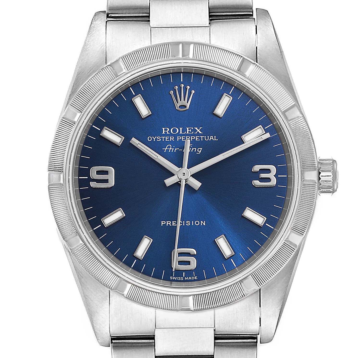 The image shows a front view of a Rolex Air-King 14010 Men's Stainless Steel Blue Dial 14010 Men's Stainless Steel Blue Dial watch, highlighting its blue dial, stainless steel case, and bracelet.