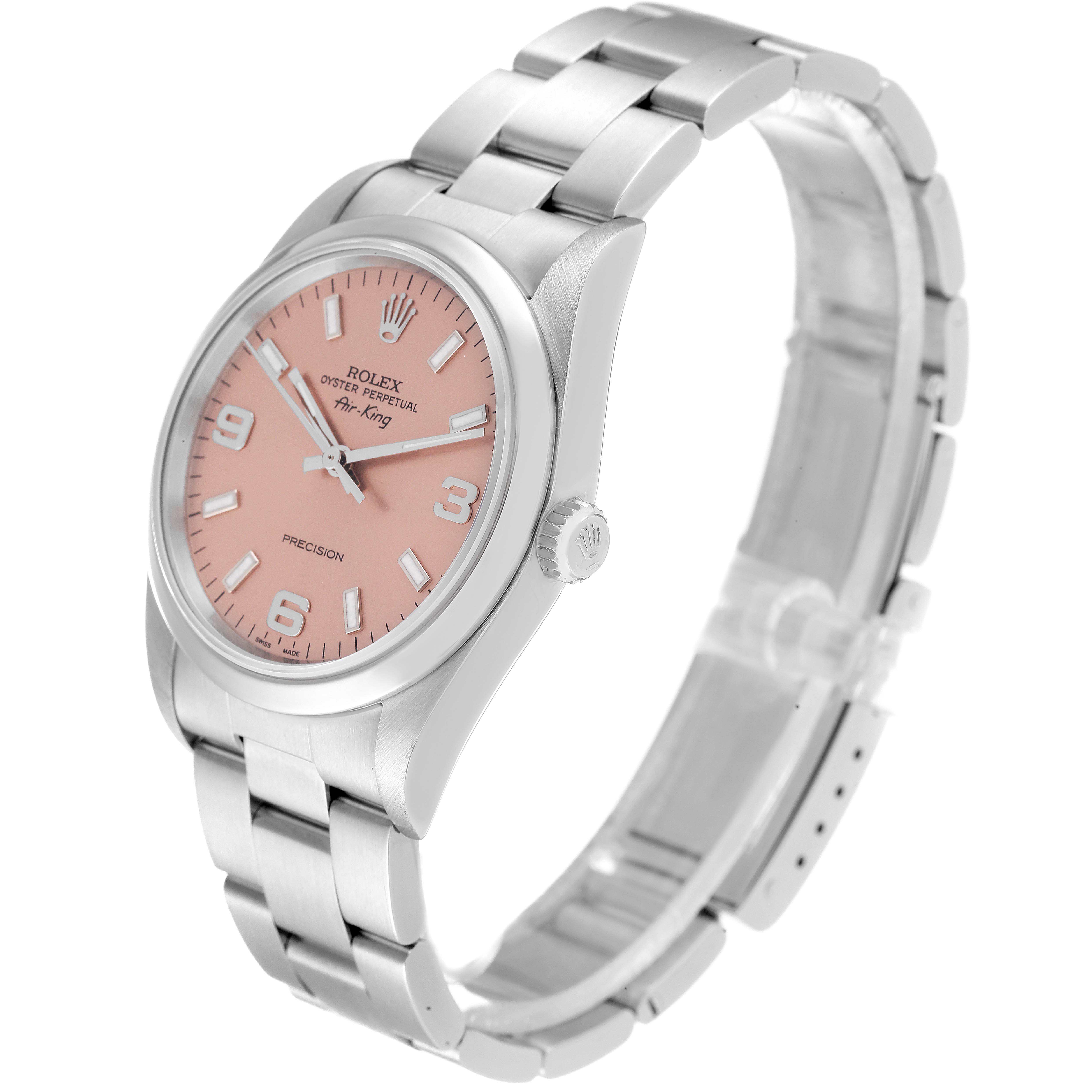 The Rolex Air-King 14000 Men's Stainless Steel Pink Dial 14000 Men's Stainless Steel Pink Dial watch is shown at a slight side angle highlighting the bracelet, crown, bezel, and an orange dial.