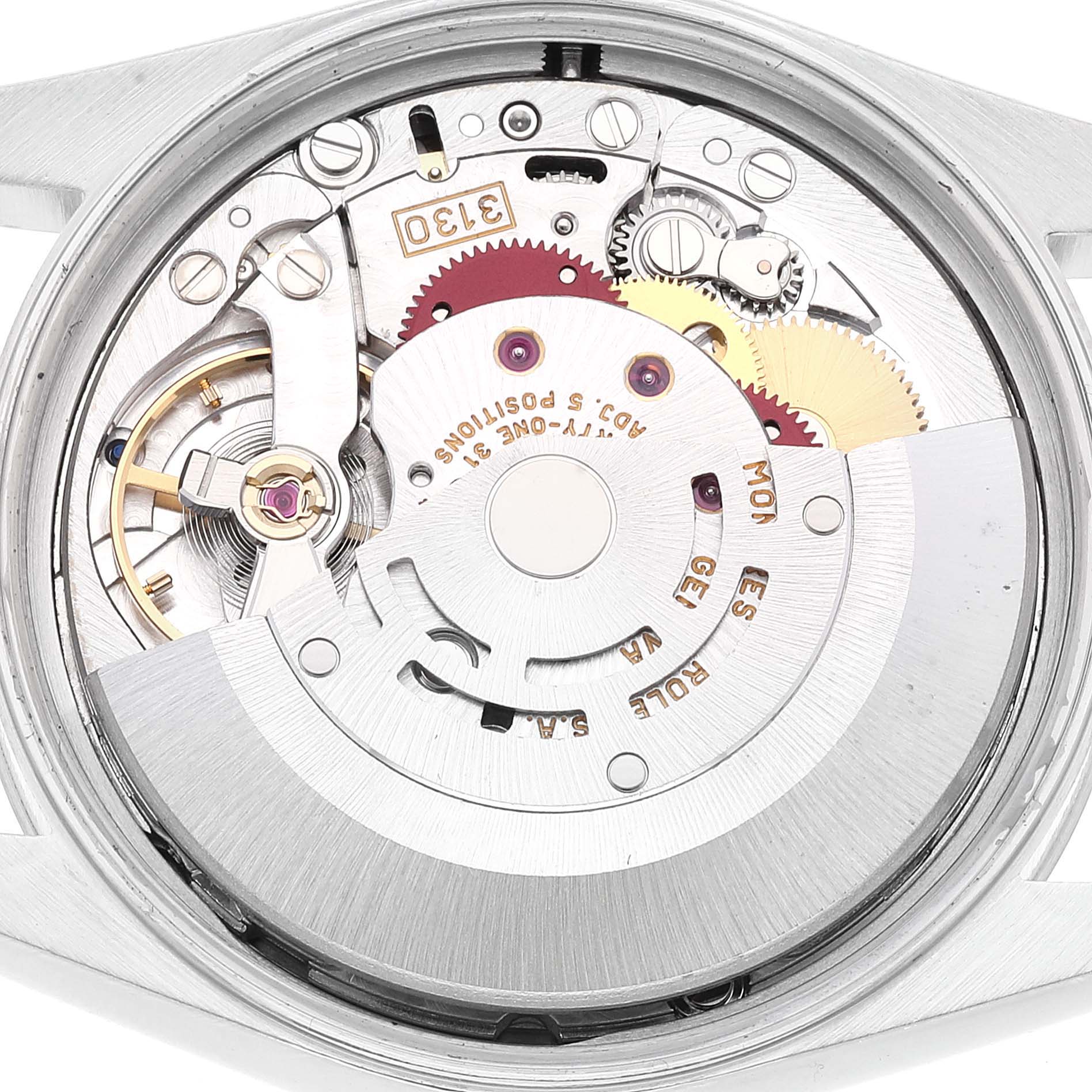 The image shows the internal mechanism and movement of a Rolex Air-King 14000 Men's Stainless Steel Pink Dial 14000 Men's Stainless Steel Pink Dial watch from a top-down angle.