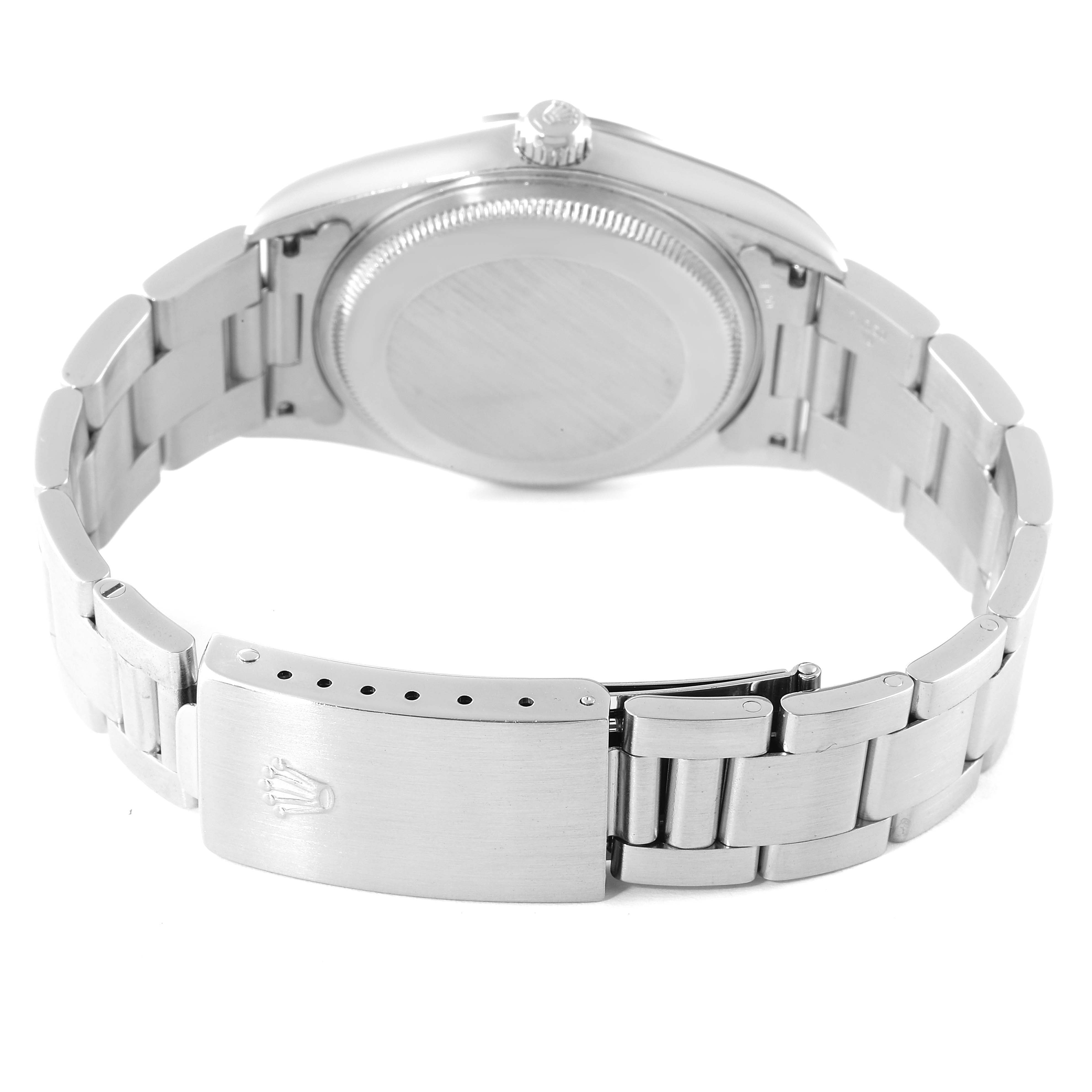 This image shows the back view of a Rolex Air-King 14000 Men's Stainless Steel Pink Dial 14000 Men's Stainless Steel Pink Dial watch, highlighting the bracelet and clasp.