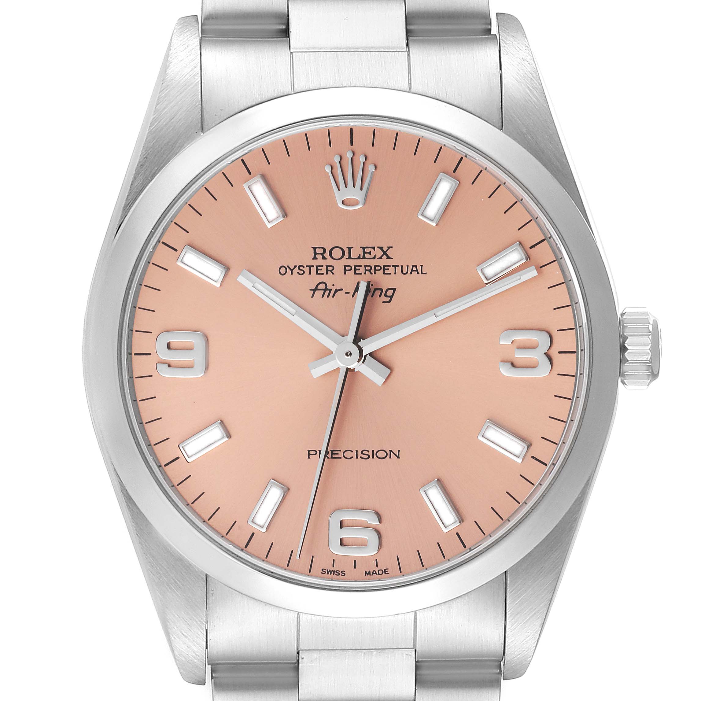 This image shows a Rolex Air-King 14000 Men's Stainless Steel Pink Dial 14000 Men's Stainless Steel Pink Dial watch from the front, featuring the dial, crown, and part of the bracelet.
