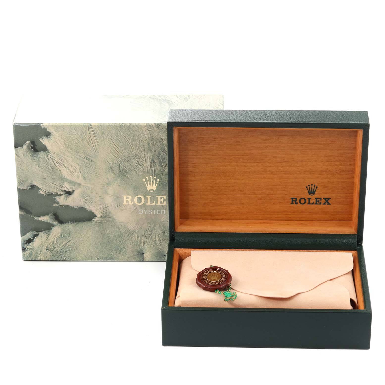 This image shows the packaging for a Rolex Air-King 14000 Men's Stainless Steel Pink Dial 14000 Men's Stainless Steel Pink Dial, including the branded box and inner case lined with beige fabric.
