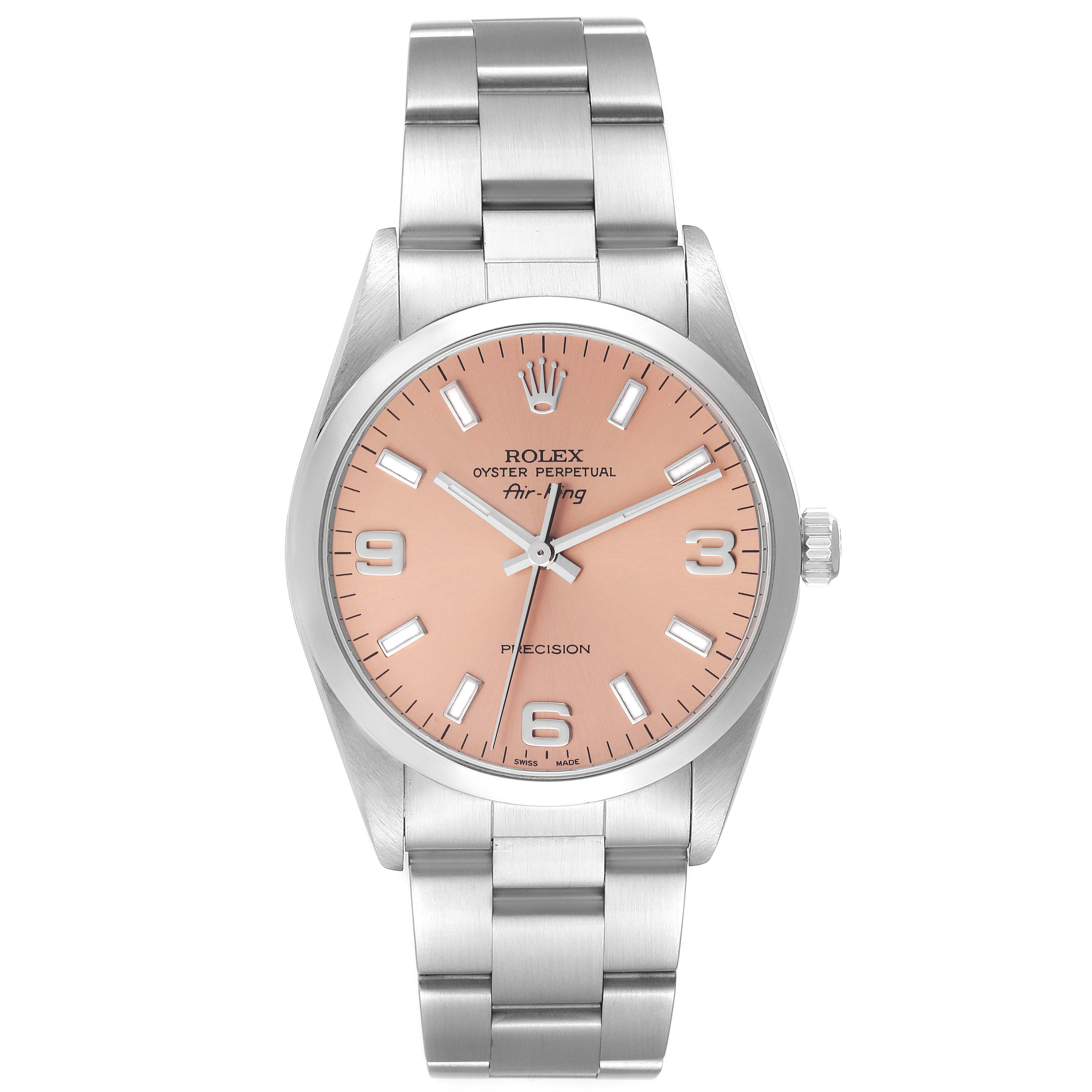 The Rolex Air-King 14000 Men's Stainless Steel Pink Dial 14000 Men's Stainless Steel Pink Dial watch is shown from a frontal angle, displaying its dial, bezel, and bracelet.