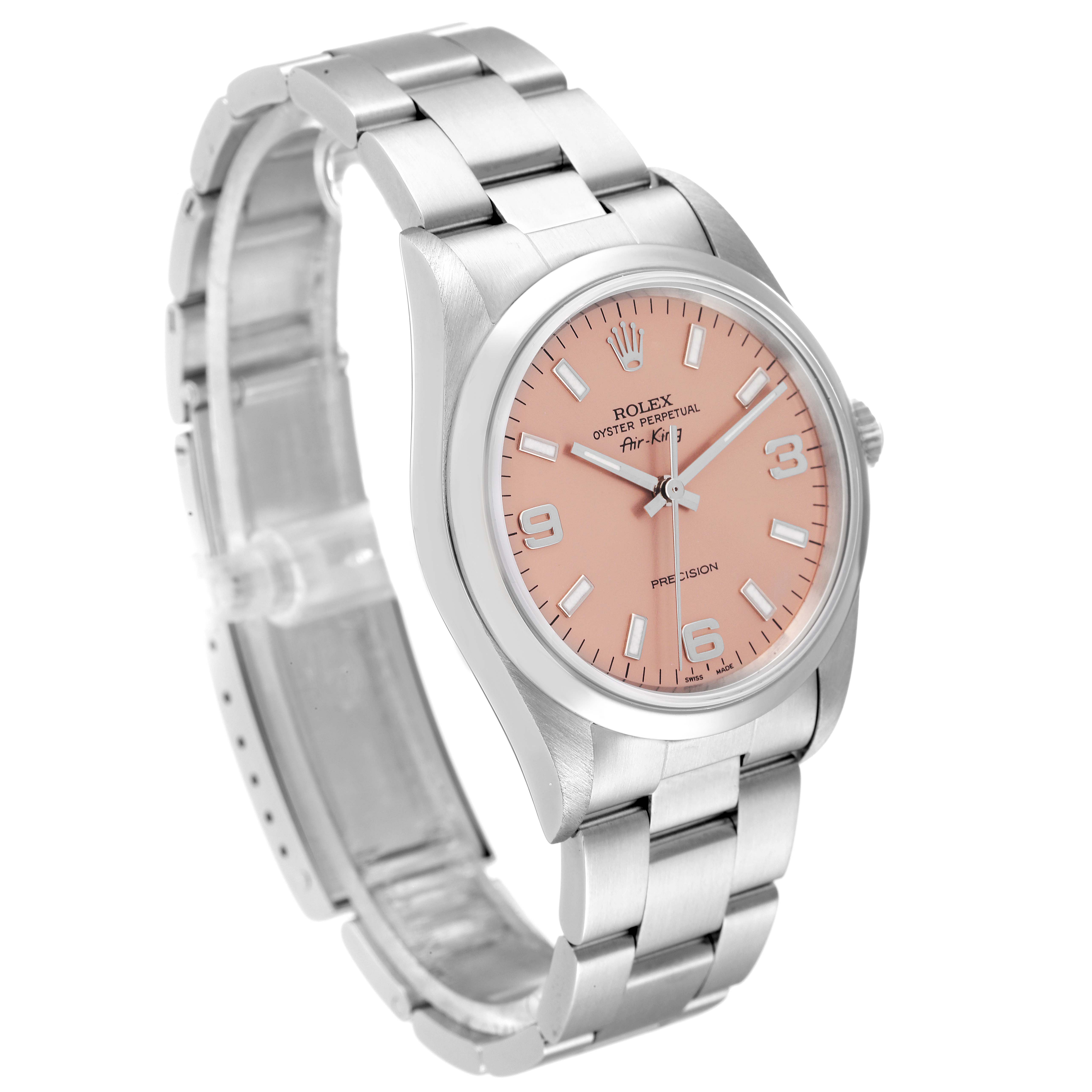 The image shows a side angle of the Rolex Air-King 14000 Men's Stainless Steel Pink Dial 14000 Men's Stainless Steel Pink Dial watch, highlighting its pink dial, bracelet, and clasp.