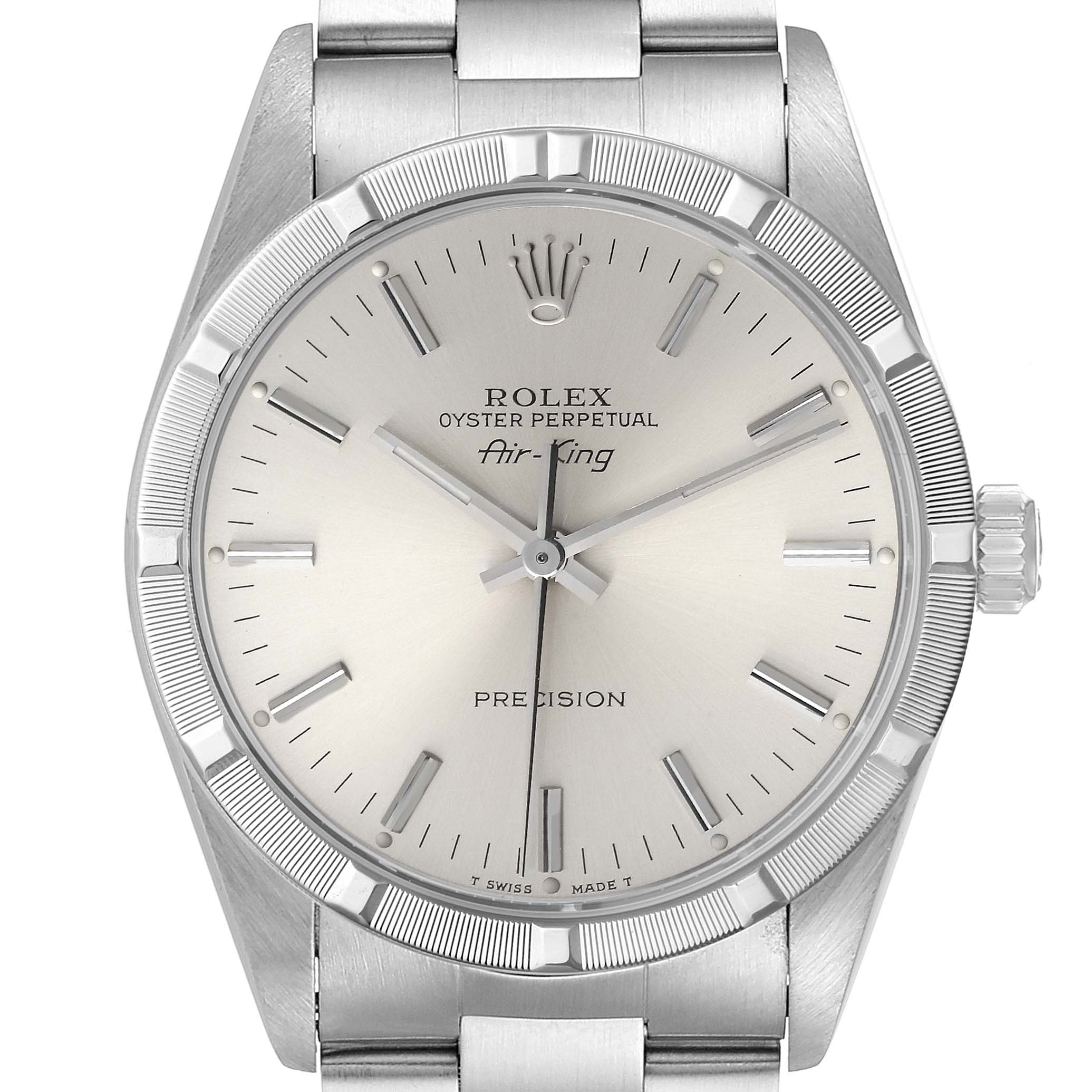 The image shows a front view of the Rolex Air-King 14010 Men's Stainless Steel Silver Dial 14010 Men's Stainless Steel Silver Dial watch, displaying its face, bezel, and part of the bracelet.