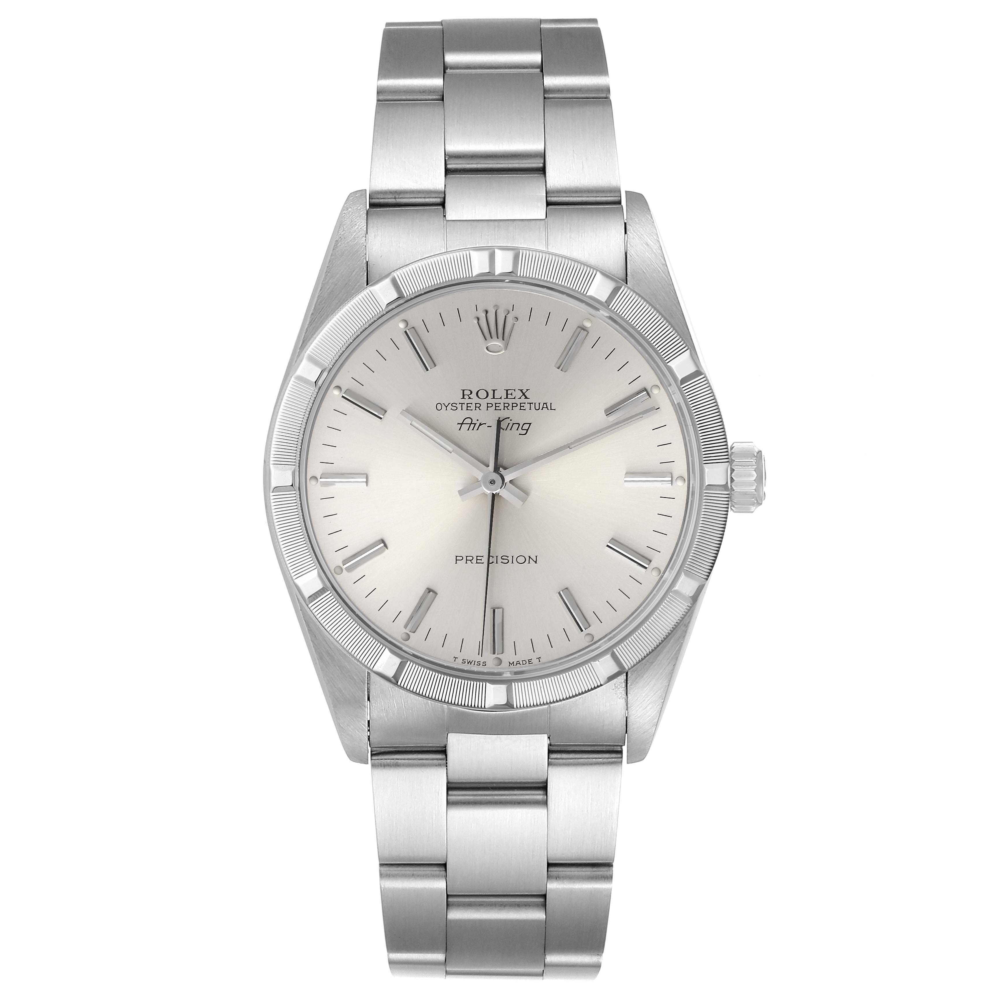 The image shows a Rolex Air-King 14010 Men's Stainless Steel Silver Dial 14010 Men's Stainless Steel Silver Dial watch from a front angle, displaying its dial, hands, bracelet, and crown.