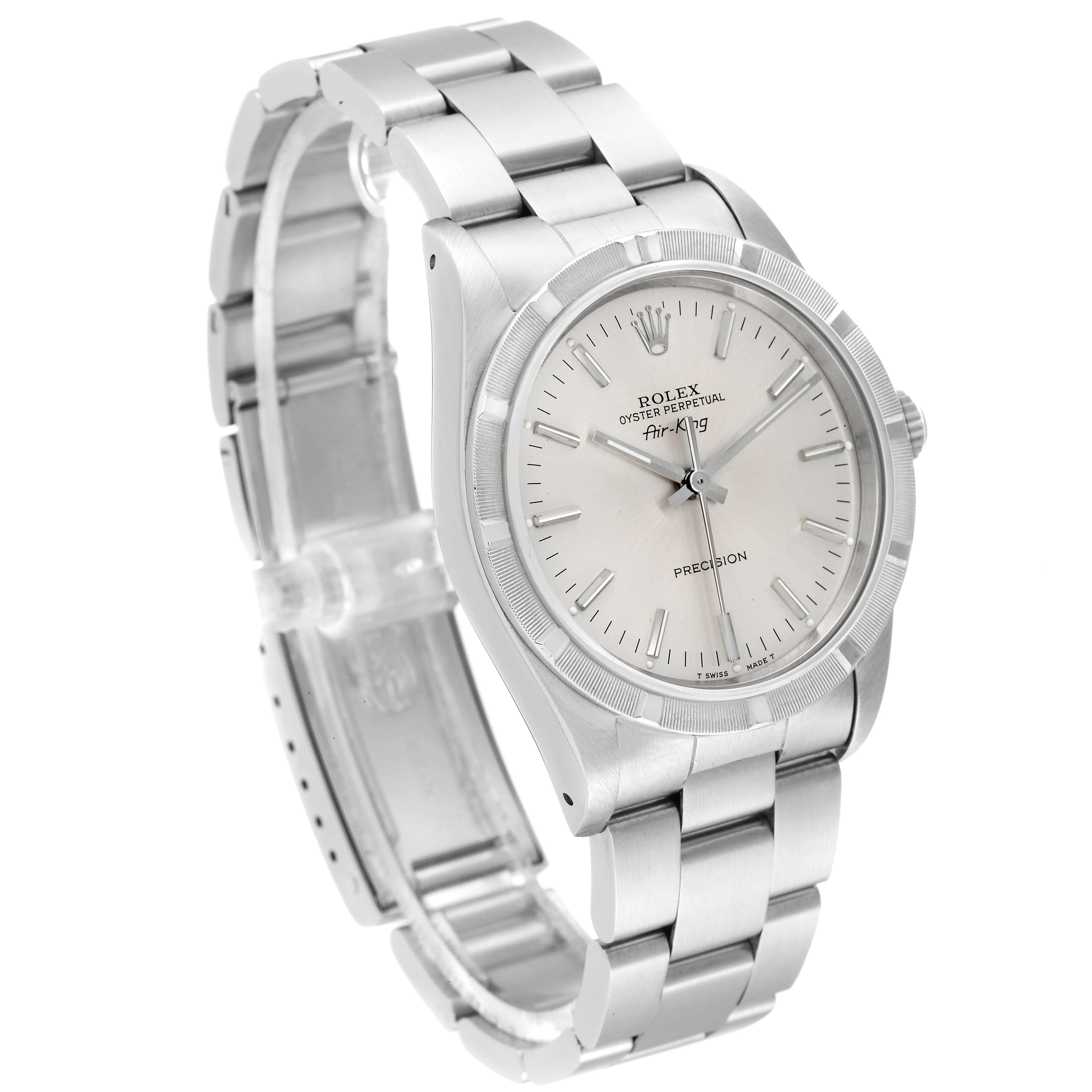 The Rolex Air-King 14010 Men's Stainless Steel Silver Dial 14010 Men's Stainless Steel Silver Dial watch is shown at an angled view, highlighting the face, bezel, and bracelet.