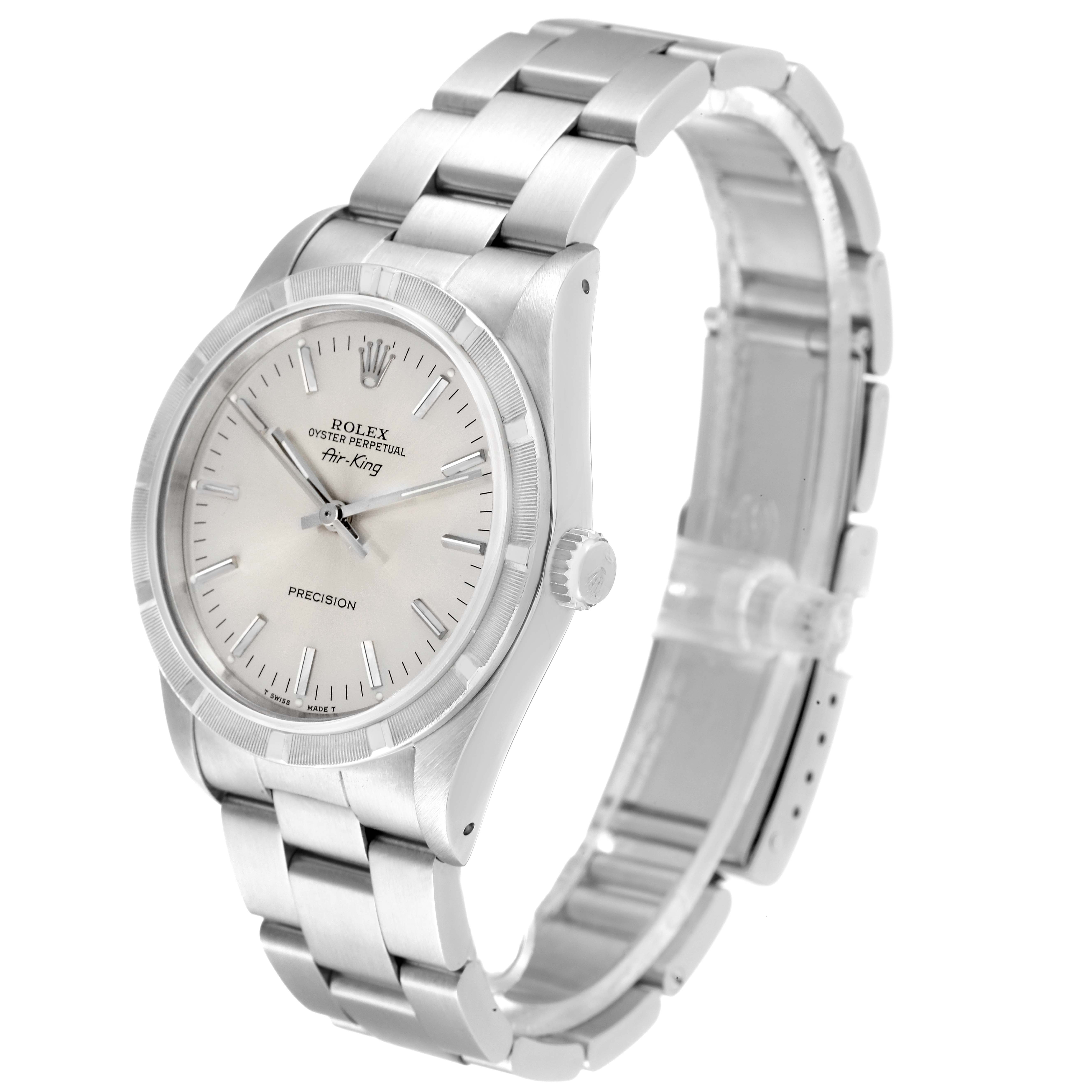 The image shows a Rolex Air-King 14010 Men's Stainless Steel Silver Dial 14010 Men's Stainless Steel Silver Dial watch from a three-quarter view, highlighting its bracelet, dial, and crown.