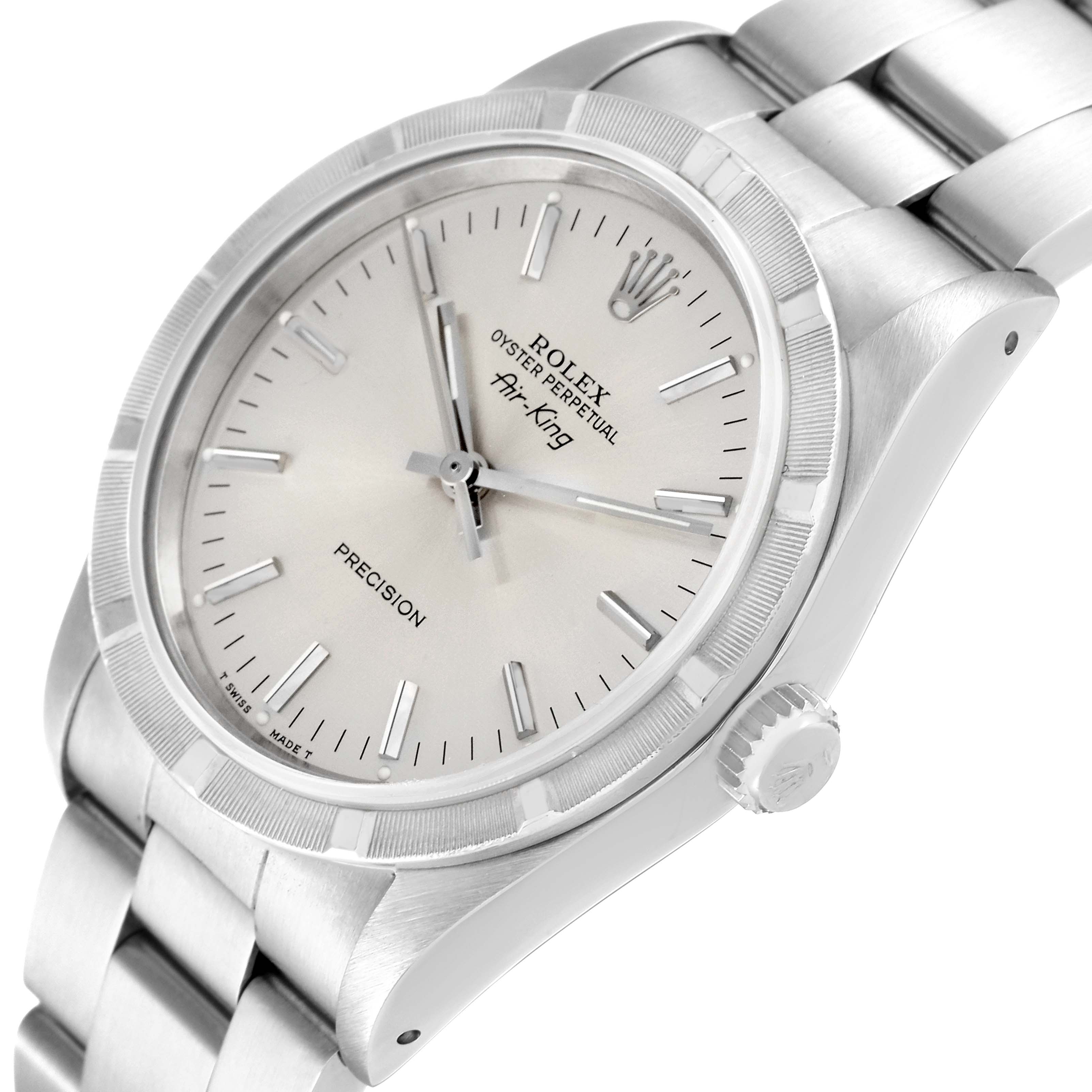 The Rolex Air-King 14010 Men's Stainless Steel Silver Dial 14010 Men's Stainless Steel Silver Dial watch is shown at an angled view, highlighting the dial, case, crown, and part of the bracelet.