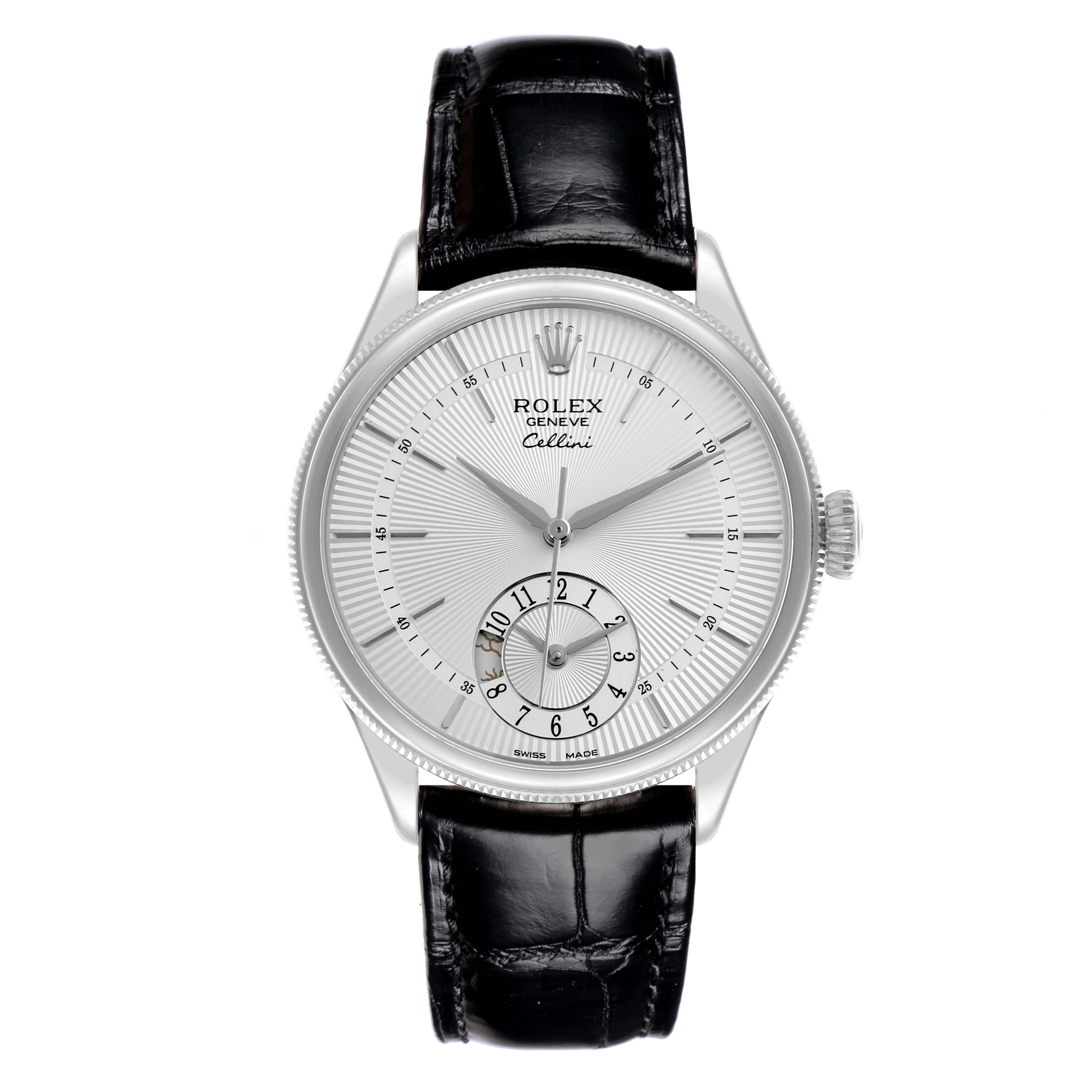 The Rolex Cellini 50529 Men's White Gold Silver Dial watch is shown from a front angle, displaying the dial, hands, date subdial, and leather strap.