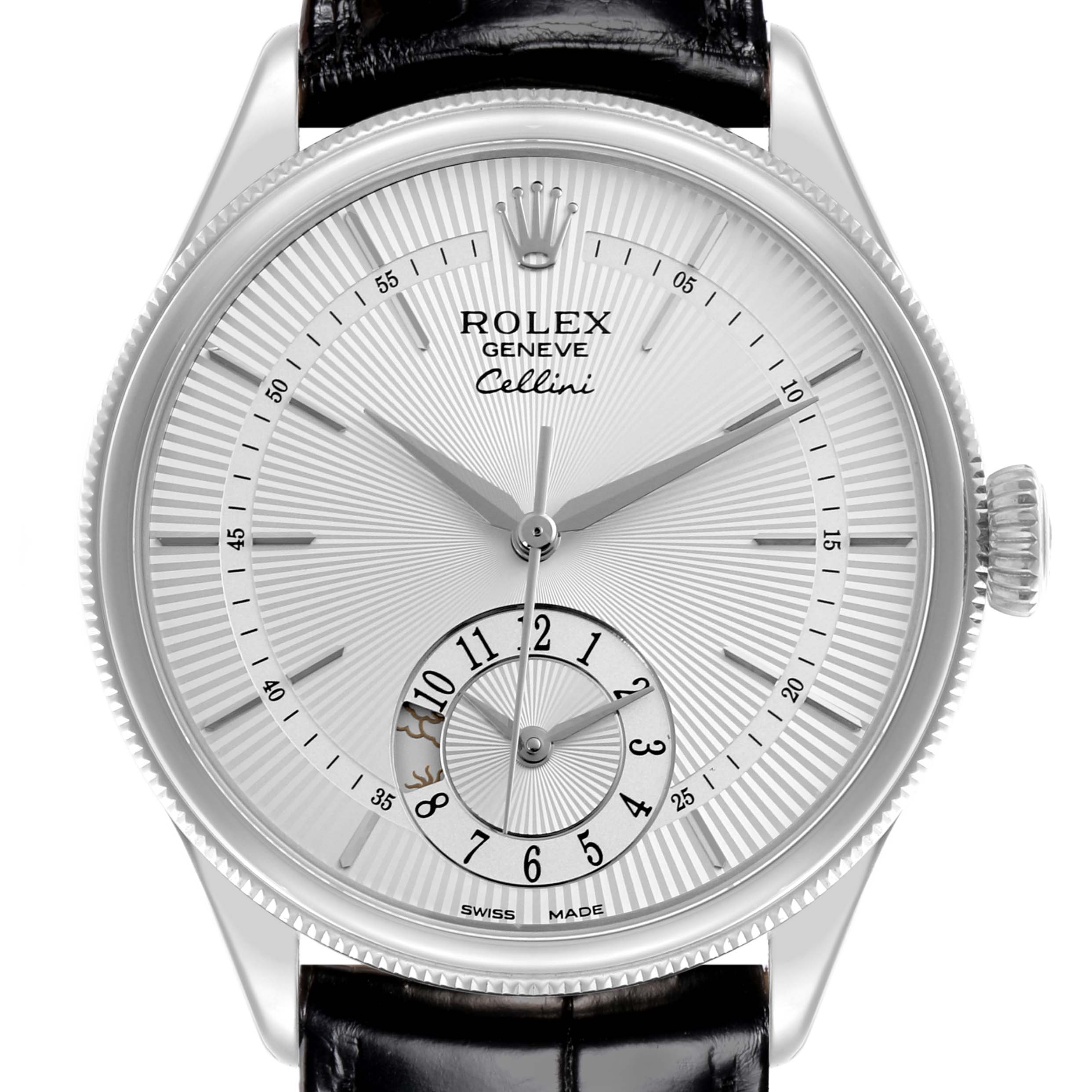 The Rolex Cellini 50529 Men's White Gold Silver Dial watch is shown from the front, displaying the dial, crown, and part of the leather strap.