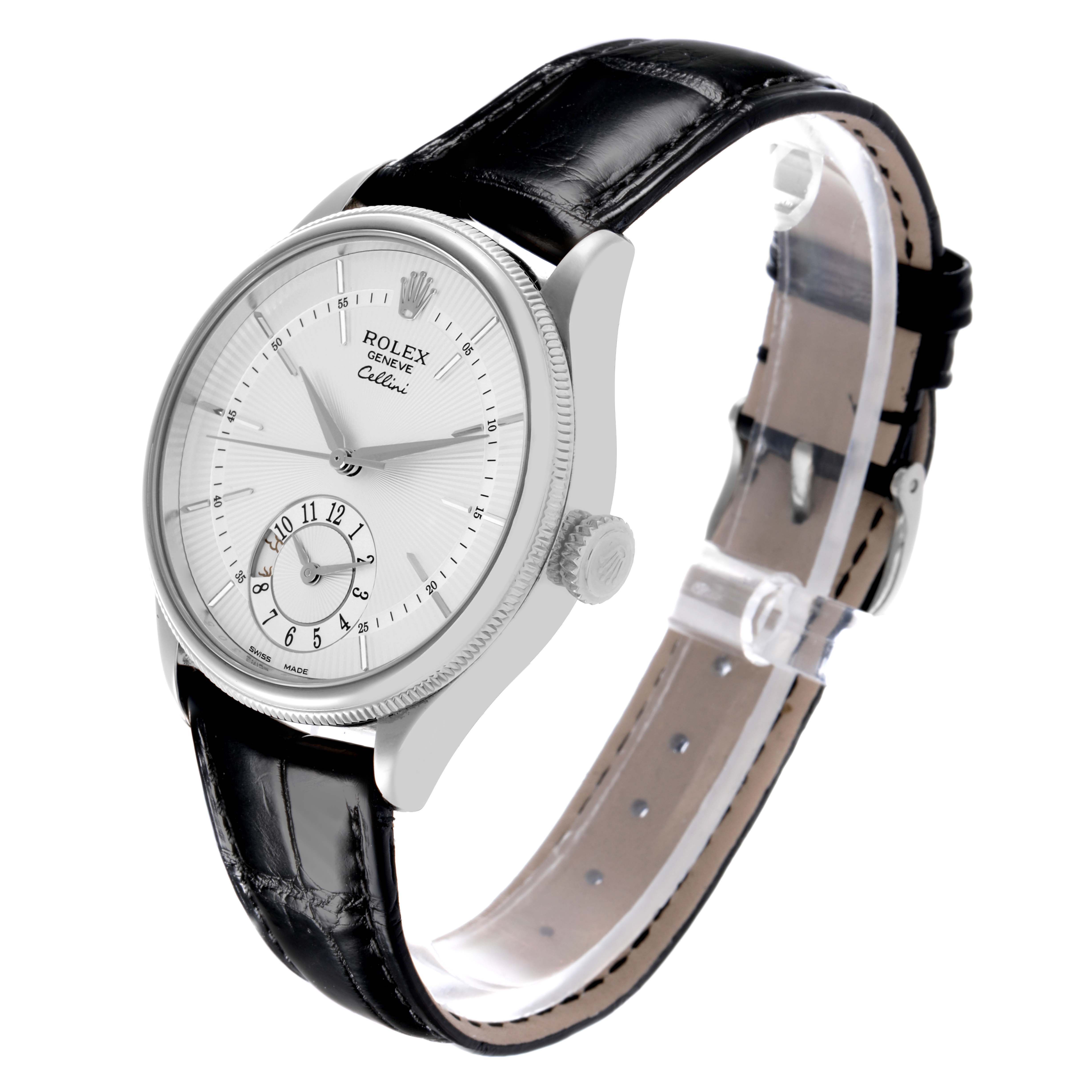 The Rolex Cellini 50529 Men's White Gold Silver Dial watch is shown at a three-quarter angle, displaying the face, crown, and black leather strap.