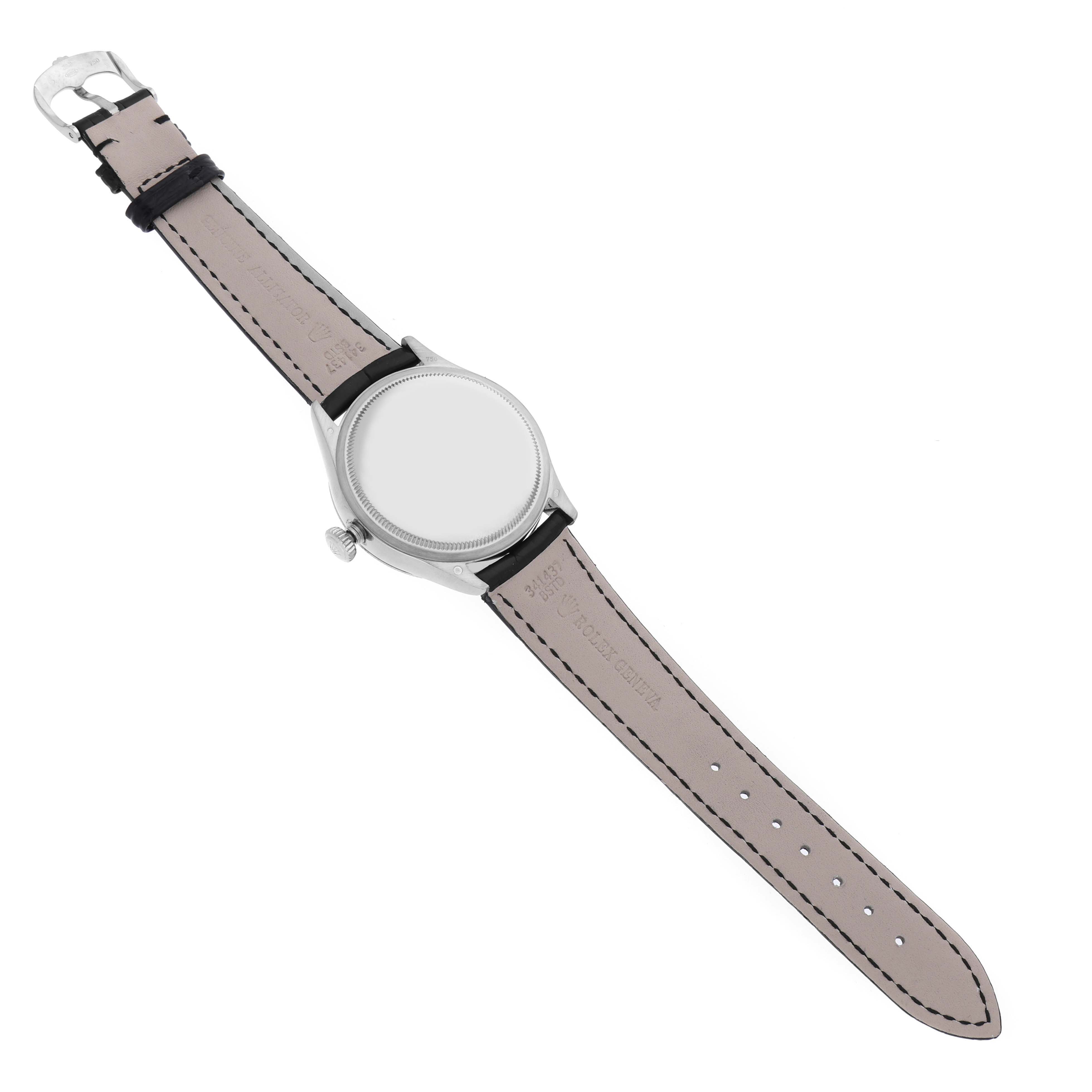 The Rolex Cellini 50529 Men's White Gold Silver Dial watch is shown from the back, displaying the strap, buckle, and side of the case.