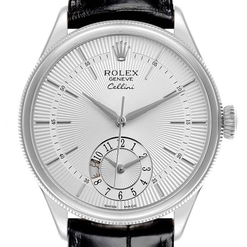 The Rolex Cellini 50529 Men's White Gold Silver Dial watch is shown from a front angle, featuring its dial, hands, crown, and parts of the leather strap.