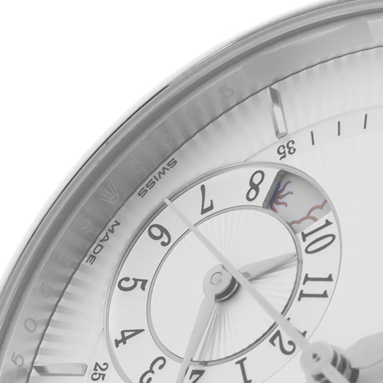 The image shows a close-up of the Rolex Cellini 50529 Men's White Gold Silver Dial's dial, focusing on hour markers, minute track, and part of the hands.