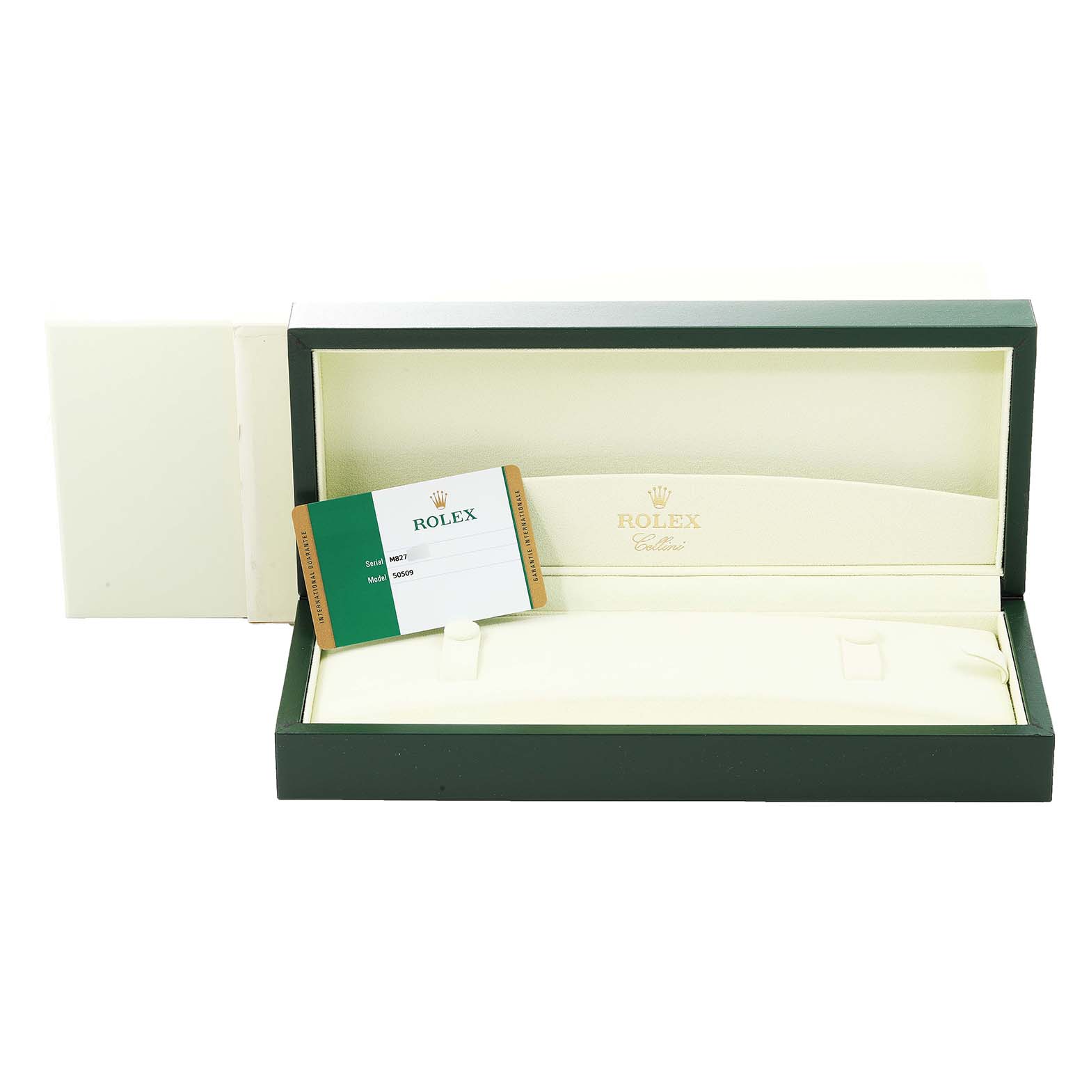 The image shows an open box for a Rolex Cellini 50509 Men's White Gold White Dial 50509 Men's White Gold White Dial watch featuring the brand's logo and a guarantee card inside.