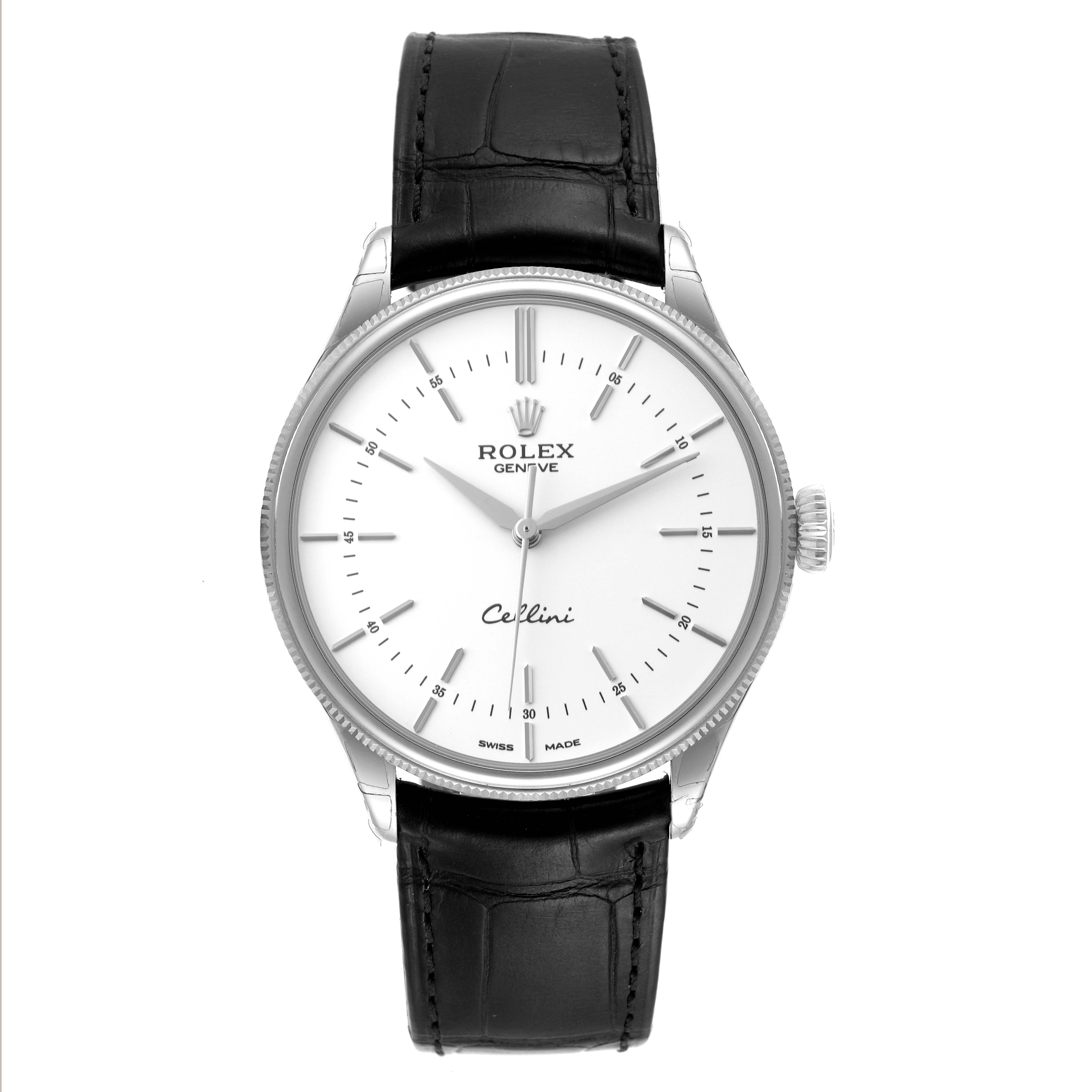 The watch is a Rolex Cellini 50509 Men's White Gold White Dial 50509 Men's White Gold White Dial model, shown from a top-down angle displaying the dial, bezel, case, and strap.