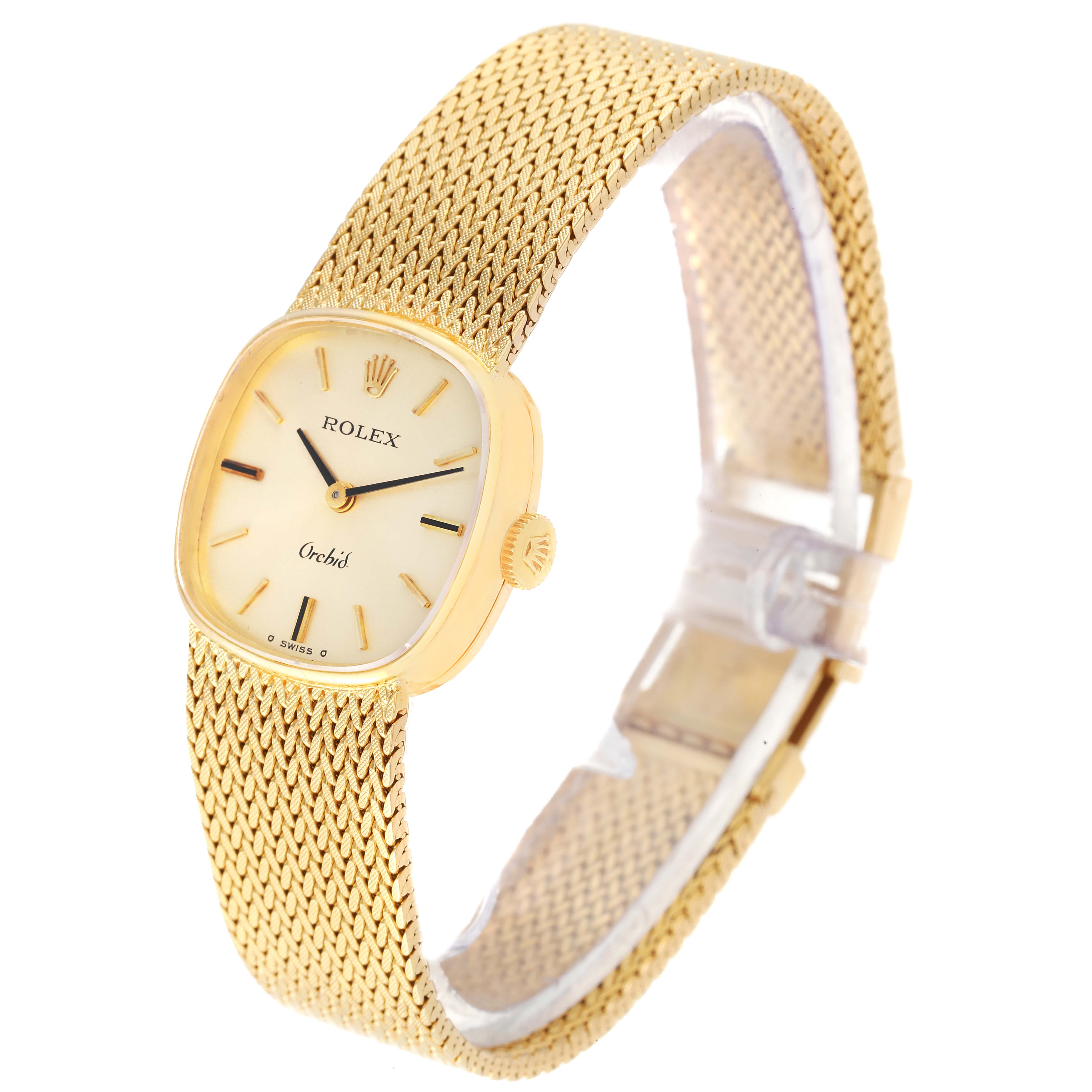 The image shows a Rolex Cocktail 2672 Women's Yellow Gold Silver Dial 2672 Women's Yellow Gold Silver Dial model watch from an angled front view, highlighting the dial, bracelet, and clasp.