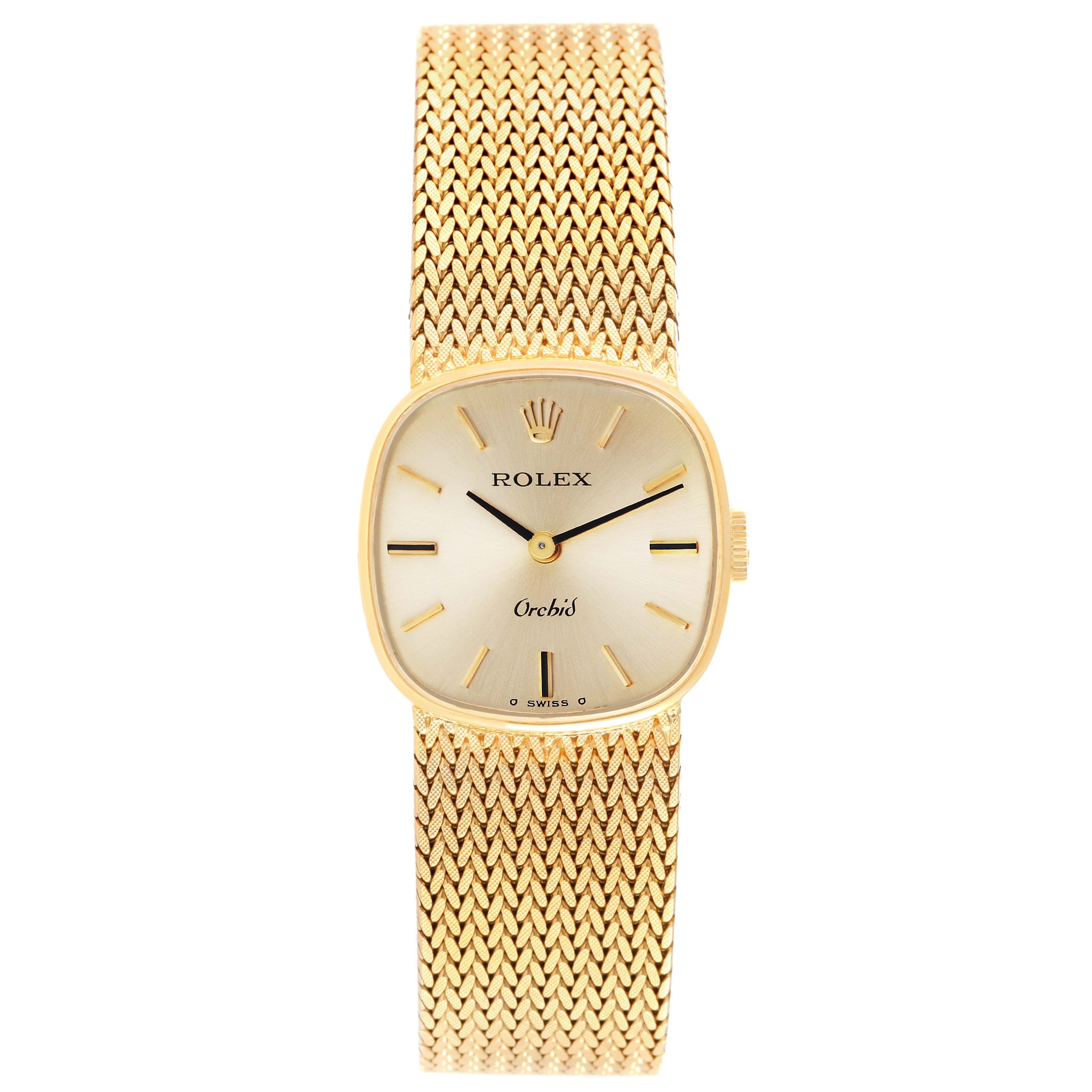 The image shows a Rolex Cocktail 2672 Women's Yellow Gold Silver Dial 2672 Women's Yellow Gold Silver Dial model watch from a top-down angle, highlighting its gold mesh strap and rectangular face.