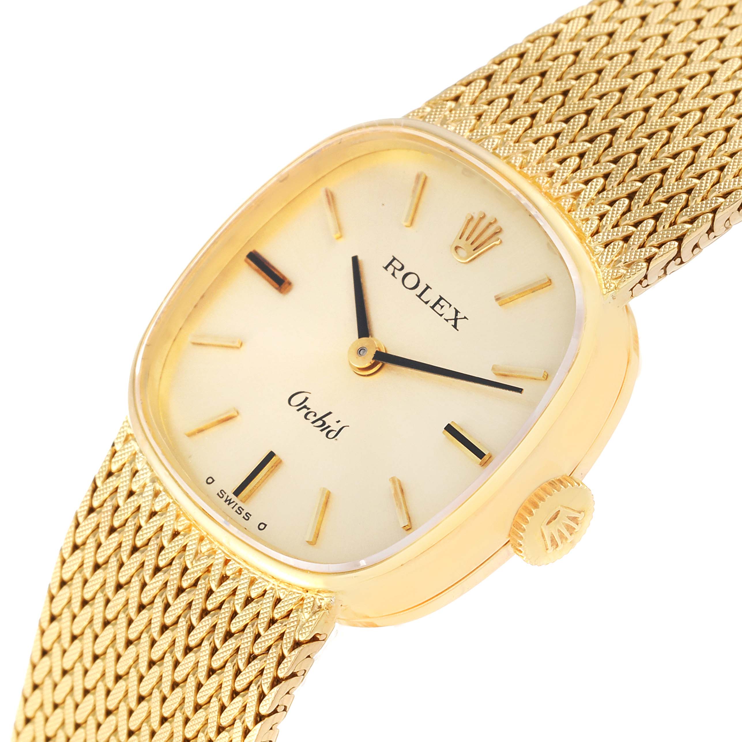 The image shows a close-up angle of the Rolex Cocktail 2672 Women's Yellow Gold Silver Dial 2672 Women's Yellow Gold Silver Dial watch, featuring its gold mesh band, dial, hands, indices, and the crown.