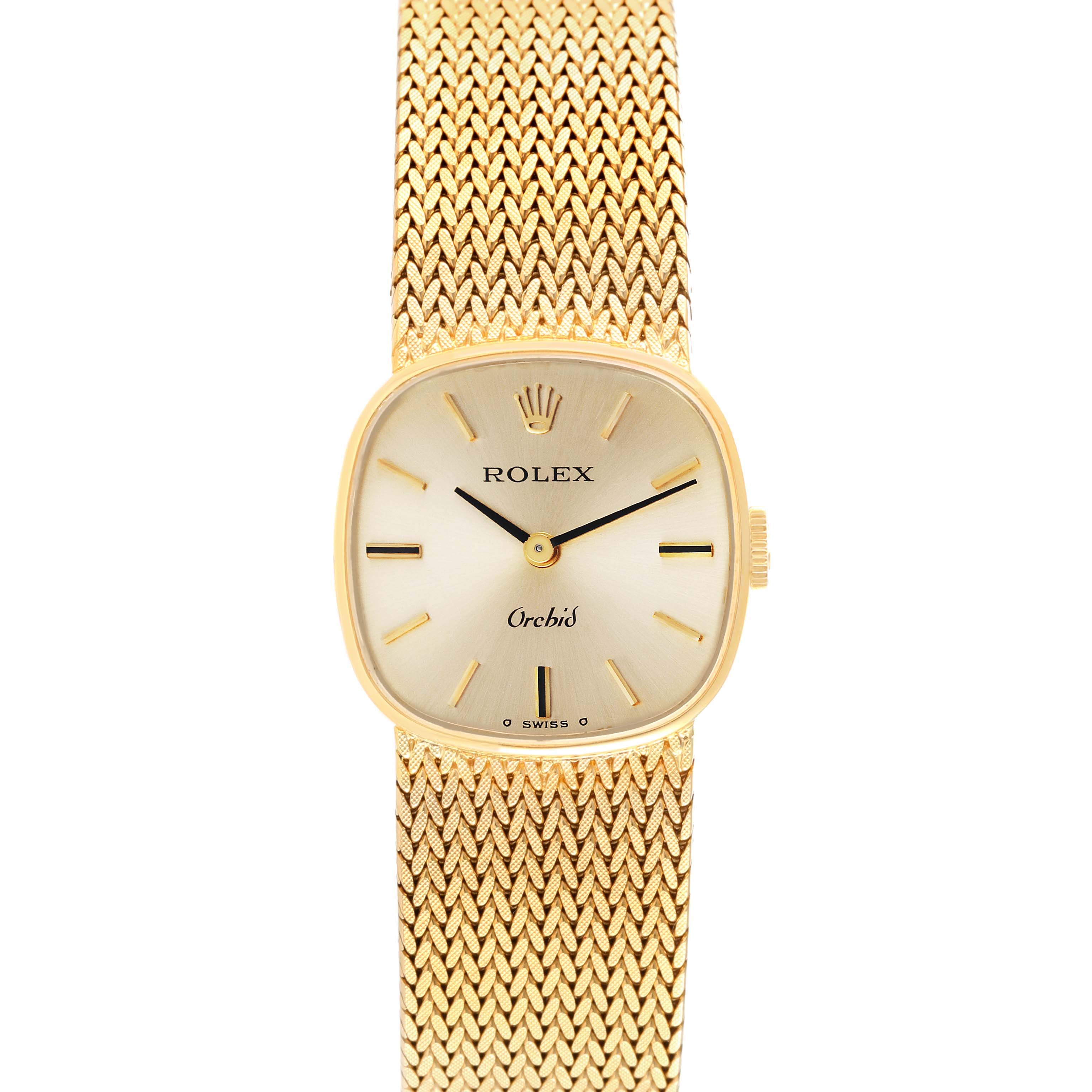 The Rolex Cocktail 2672 Women's Yellow Gold Silver Dial 2672 Women's Yellow Gold Silver Dial model watch is shown from the front, highlighting its gold mesh band and rectangular watch face.