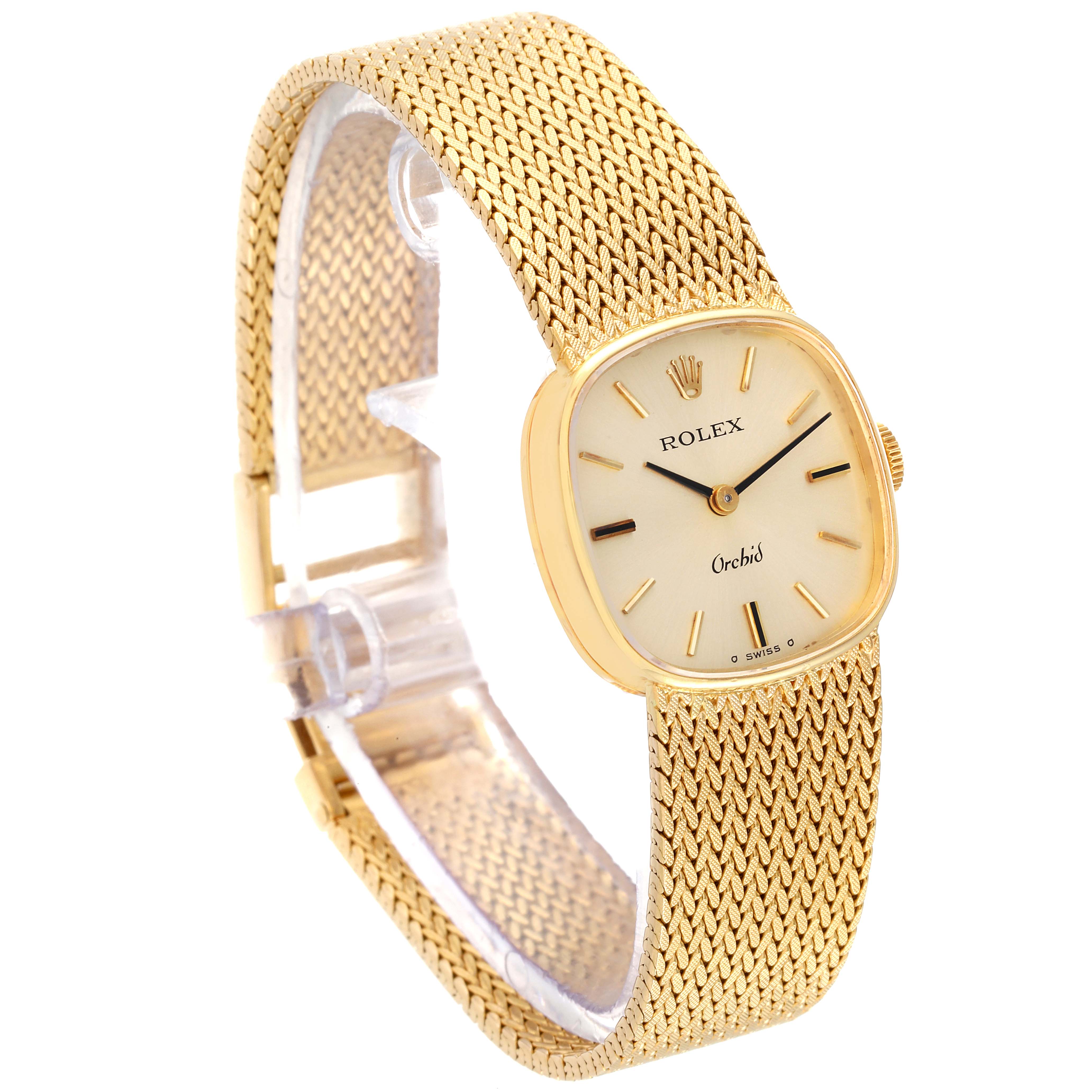 This image shows a Rolex Cocktail 2672 Women's Yellow Gold Silver Dial 2672 Women's Yellow Gold Silver Dial model watch from an angled side view, highlighting its gold mesh bracelet and dial.