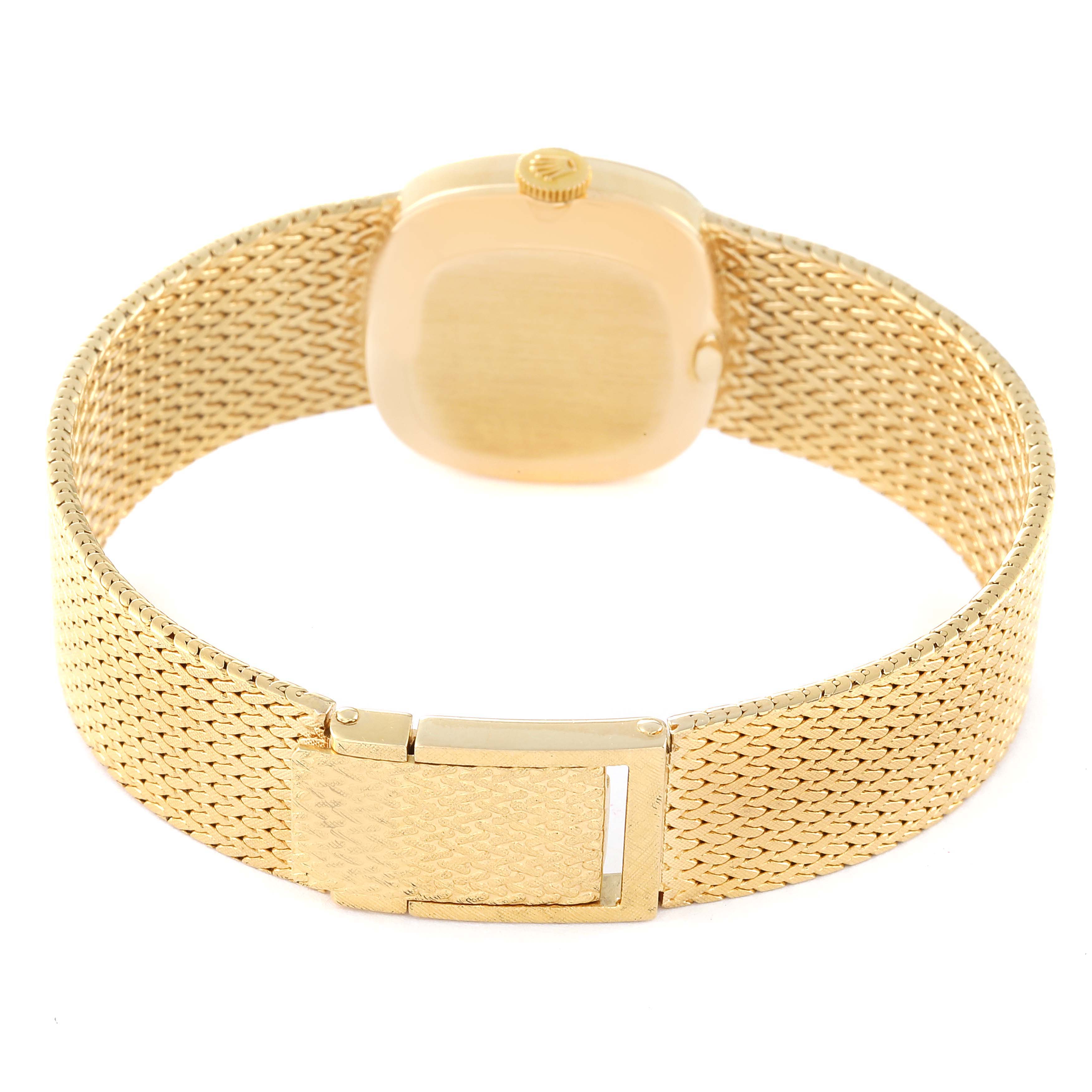 The image shows the back case, crown, clasp, and mesh bracelet of a Rolex Cocktail 2672 Women's Yellow Gold Silver Dial 2672 Women's Yellow Gold Silver Dial model watch.