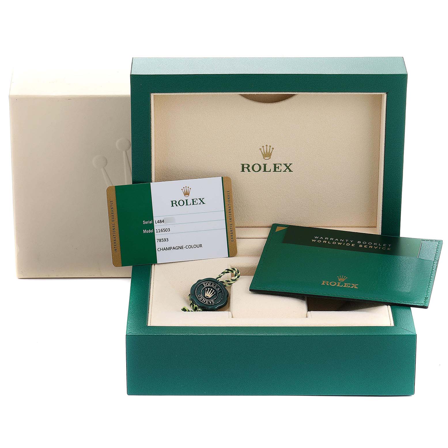 This image shows the packaging, warranty booklet, tag, and certification card for a Rolex Daytona 116503 Men's Steel and Gold (two tone) Champagne Dial 116503 Men's Steel and Gold (two tone) Champagne Dial watch.