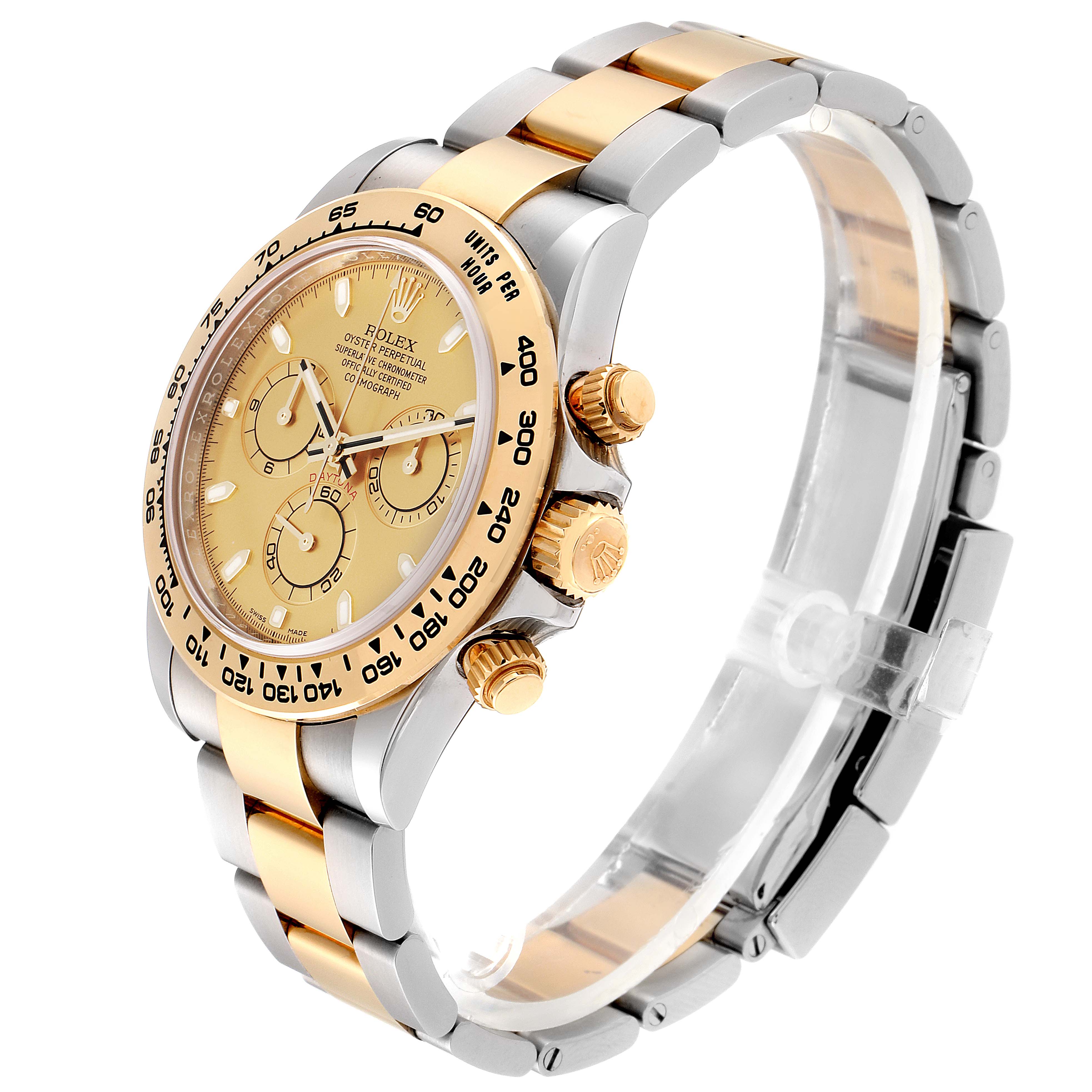 The Rolex Daytona 116503 Men's Steel and Gold (two tone) Champagne Dial 116503 Men's Steel and Gold (two tone) Champagne Dial watch is shown at an angled side view, highlighting the face, bezel, crown, pushers, and bracelet.