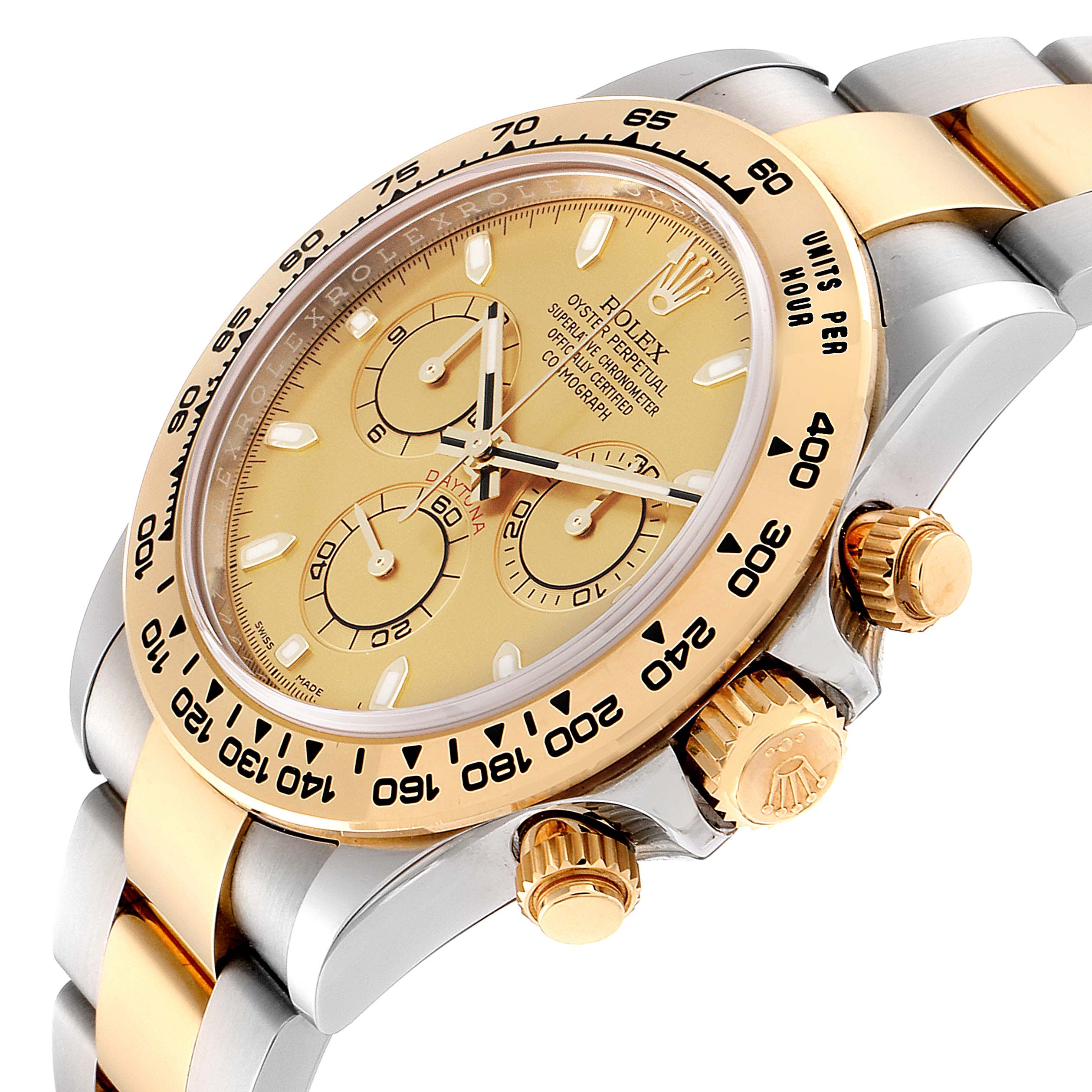 The image shows a close-up side angle of a Rolex Daytona 116503 Men's Steel and Gold (two tone) Champagne Dial 116503 Men's Steel and Gold (two tone) Champagne Dial watch, highlighting its face, bezel, crown, and bracelet.