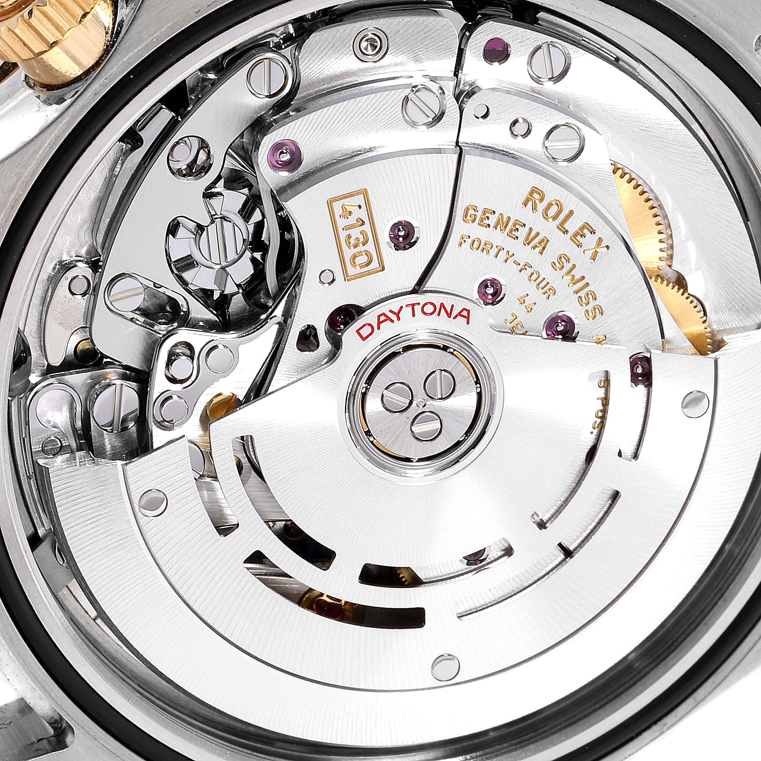 The image shows a close-up view of the movement mechanism inside a Rolex Daytona 116503 Men's Steel and Gold (two tone) Champagne Dial 116503 Men's Steel and Gold (two tone) Champagne Dial watch.