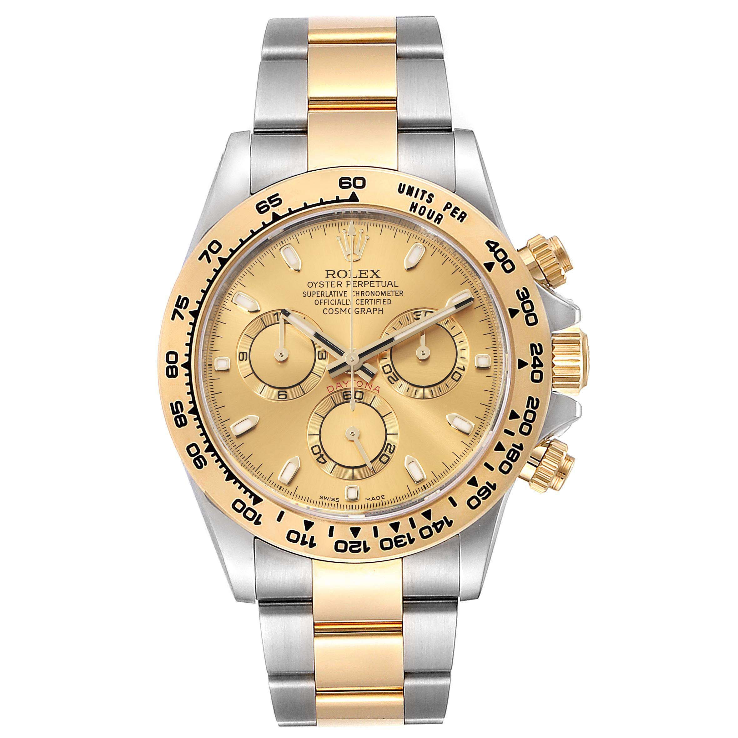 This image shows a front view of a Rolex Daytona 116503 Men's Steel and Gold (two tone) Champagne Dial 116503 Men's Steel and Gold (two tone) Champagne Dial watch, highlighting its dial, bezel, pushers, and two-tone bracelet.