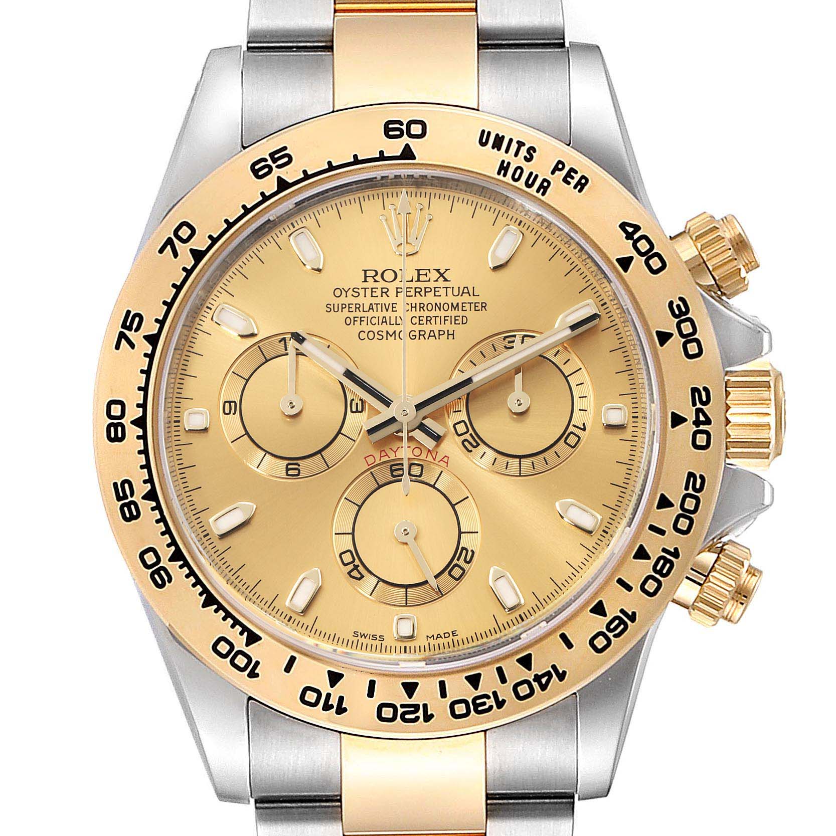 This image shows a close-up of the dial and bezel of the Rolex Daytona 116503 Men's Steel and Gold (two tone) Champagne Dial 116503 Men's Steel and Gold (two tone) Champagne Dial watch, including the chronograph sub-dials and tachymeter scale.