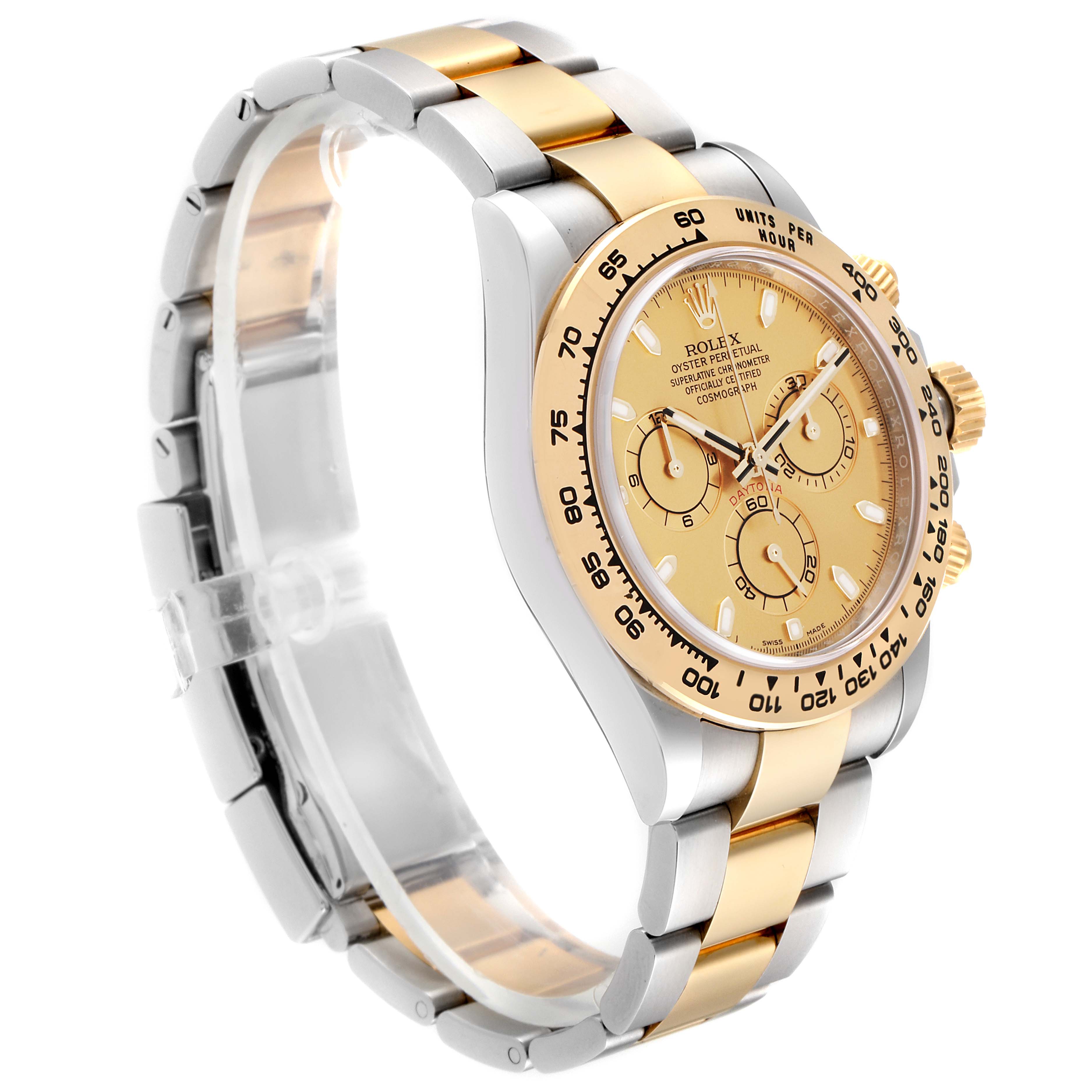 The image shows a side angle of a Rolex Daytona 116503 Men's Steel and Gold (two tone) Champagne Dial 116503 Men's Steel and Gold (two tone) Champagne Dial watch, highlighting its gold dial, bezel, and two-tone bracelet.