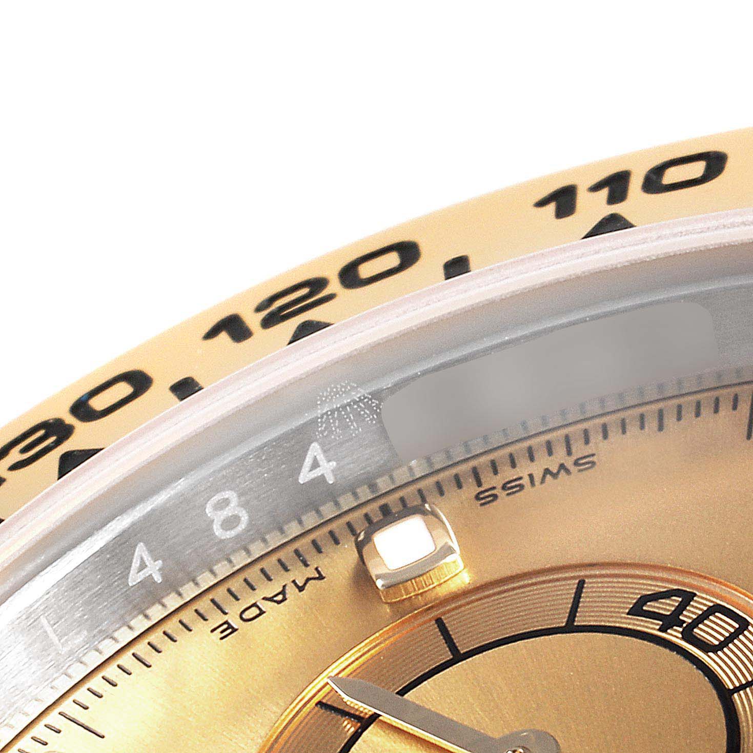 The image shows a close-up of the dial and bezel of a Rolex Daytona 116503 Men's Steel and Gold (two tone) Champagne Dial 116503 Men's Steel and Gold (two tone) Champagne Dial watch, highlighting the numbers and part of the sub-dial.