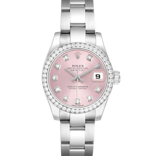 The image shows a Rolex Datejust 179384 Women's Stainless Steel Pink Dial watch from a top view, highlighting the pink dial, diamond hour markers, bezel, and bracelet.